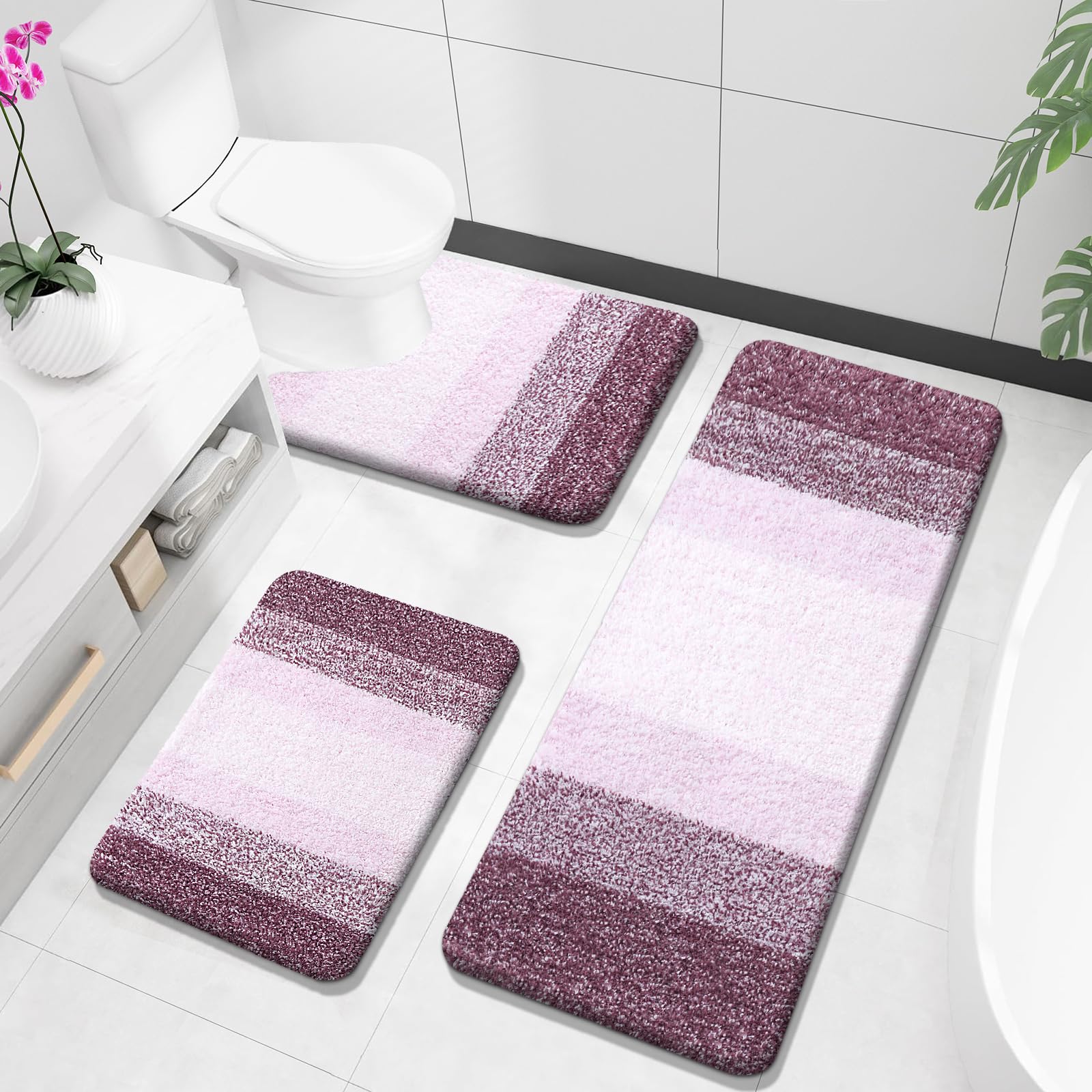OLANLY Bathroom Rugs Sets 3 Piece, Soft Absorbent Microfiber Bath Mats and U-Shaped Contour Toilet Rug, Machine Wash Dry, Plush Shaggy Bath Mat Set for Bathroom (30"x20"+24"x16"+24"x20", Grey)