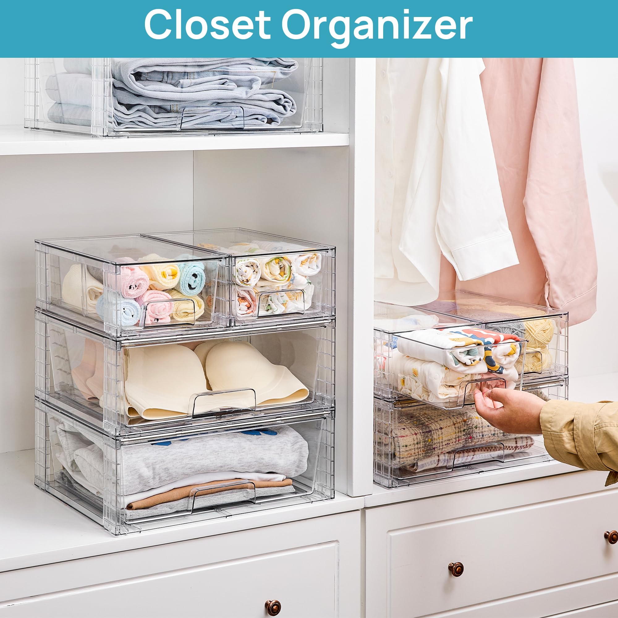 Vtopmart 3 Pack Stackable Storage Drawers, Easily Assemble Acrylic Bathroom Undersink Organizers,Clear Plastic Storage Bins for Closet,Cabinet,Pantry,Medicine Organization