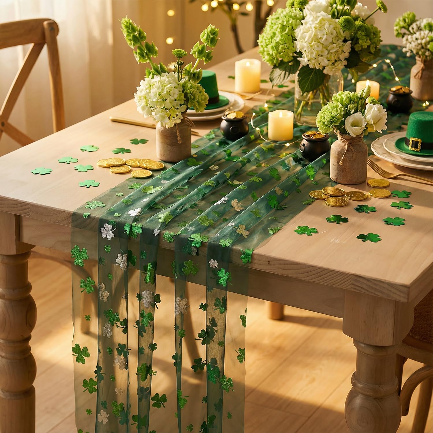 Artoid Mode Gauze Green Shamrocks St.Patrick's Day Table Runner 120 Inch 10FT,Seasonal Sheer Dining Holiday Baby Shower Table Decor for Home Party