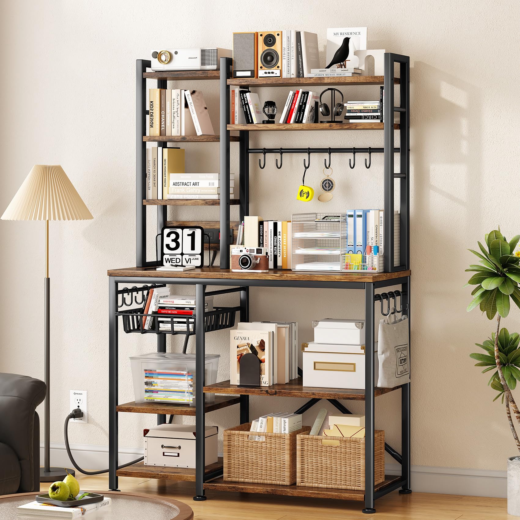 Baker Rack with Power Outlet - Microwave Stand with Storage, Large Coffee Bar Station with 14 Hooks, Metal Kitchen Shelf Rack for Spices, Pots (Rustic Brown) | with Power Outlet, with Storage, with 14 Hooks, for Spices, for Pots