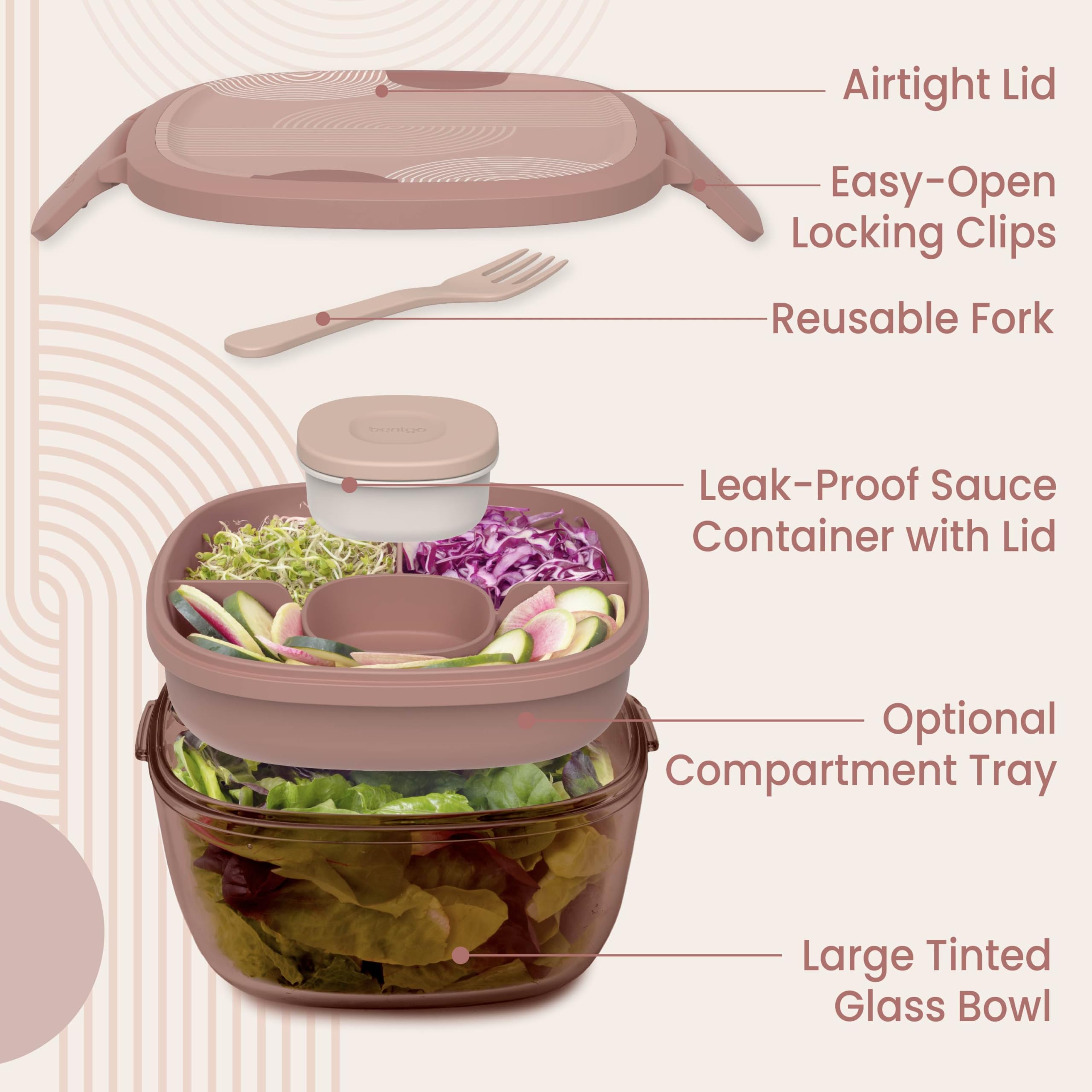 Bentgo Glass Salad Container - 7.6-Cup Salad Bowl with Airtight Lid, Leak-Proof Sauce Container, 4-Compartment Bento Tray & Reusable Fork - BPA-Free for Meal Prep, Office & More (Lavender)
