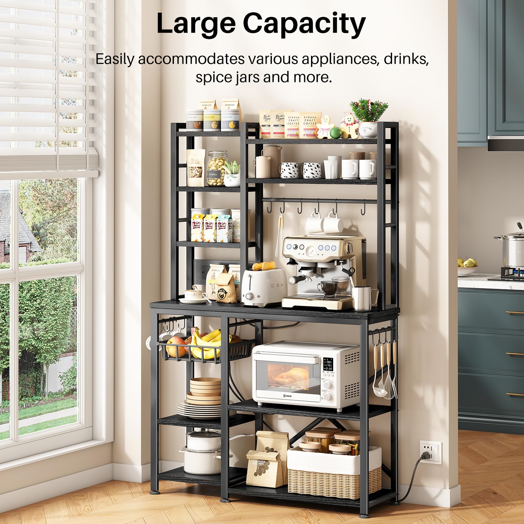 Baker Rack with Power Outlet - Microwave Stand with Storage, Large Coffee Bar Station with 14 Hooks, Metal Kitchen Shelf Rack for Spices, Pots (Rustic Brown) | with Power Outlet, with Storage, with 14 Hooks, for Spices, for Pots