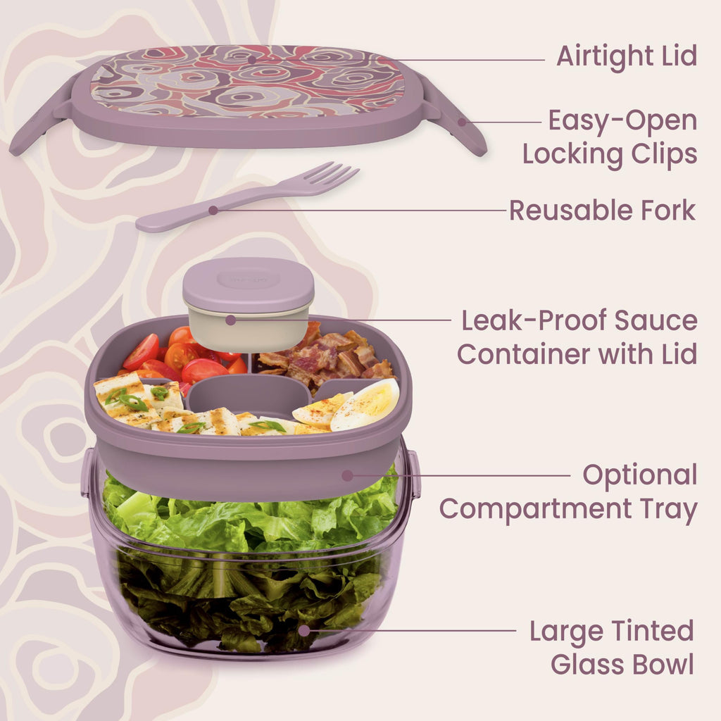 Bentgo Glass Salad Container - 7.6-Cup Salad Bowl with Airtight Lid, Leak-Proof Sauce Container, 4-Compartment Bento Tray & Reusable Fork - BPA-Free for Meal Prep, Office & More (Lavender)