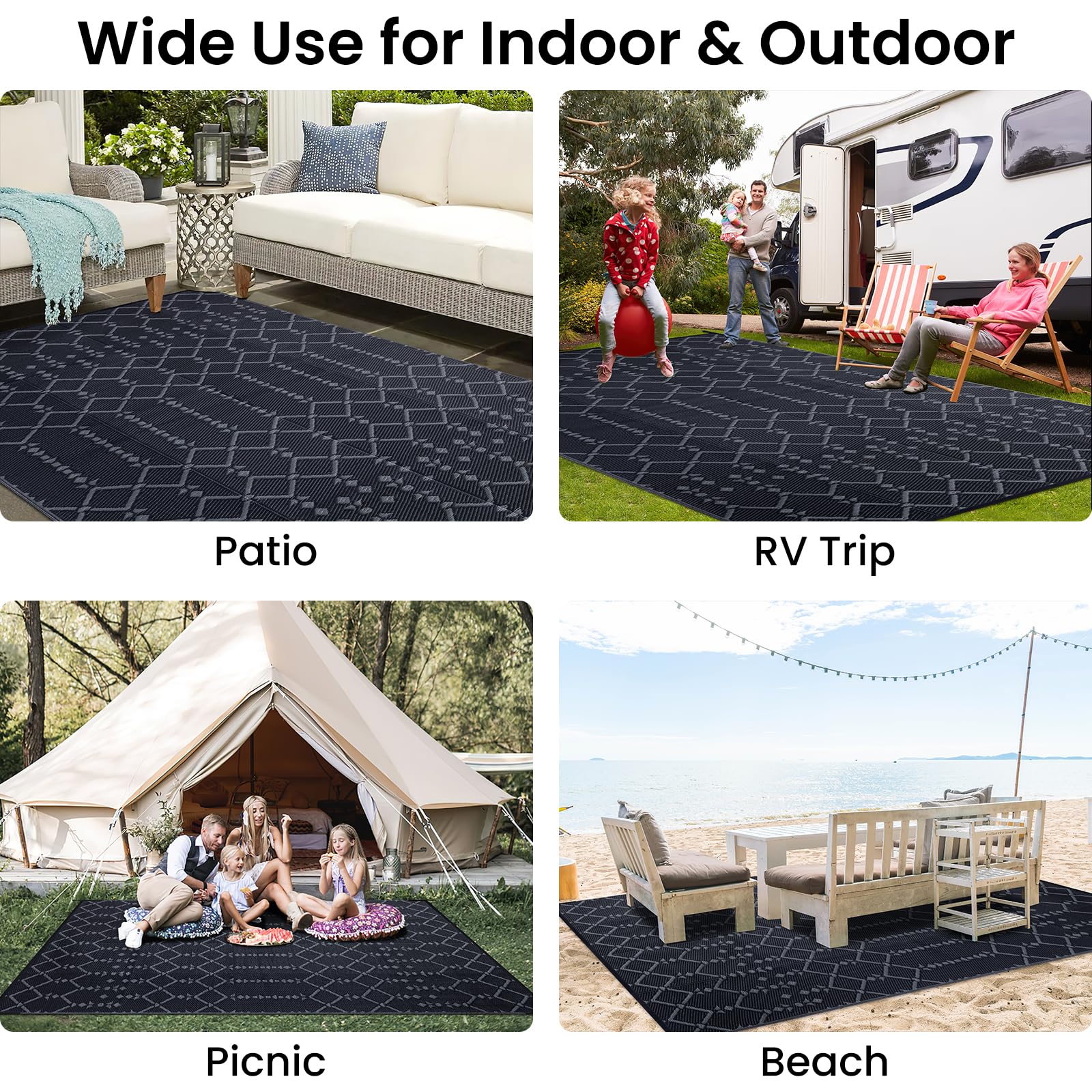 Smiry Waterproof Outdoor Rug 5x8 ft, Reversible Plastic Straw Patio Camping Rugs, Outdoor Indoor RV Mat Carpet for Patio, Outside Entry, Backyard, Deck, Bench, Picnic, Camper, Black & Beige