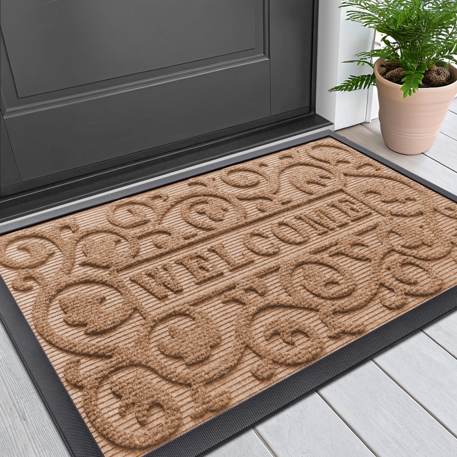 Smiry Front Door Mat Outside Entrance, Heavy Duty Sturdy Natural Rubber Doormat, Trap Dirt and Moisture, Easy Clean Low Profile Mats for Indoor Outdoor Entry, Irregular Triangle (29.5x17, Black)