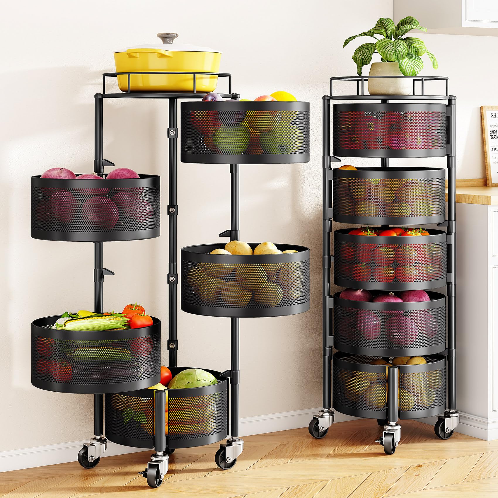 SNTD Fruit and Vegetable Basket Bowls for Kitchen with Metal Top Lid, 5 Tier Rotating Storage Rack Cart for Potato Onion Bread Banana, Wire Basket Organizer on Wheels, Large, Black