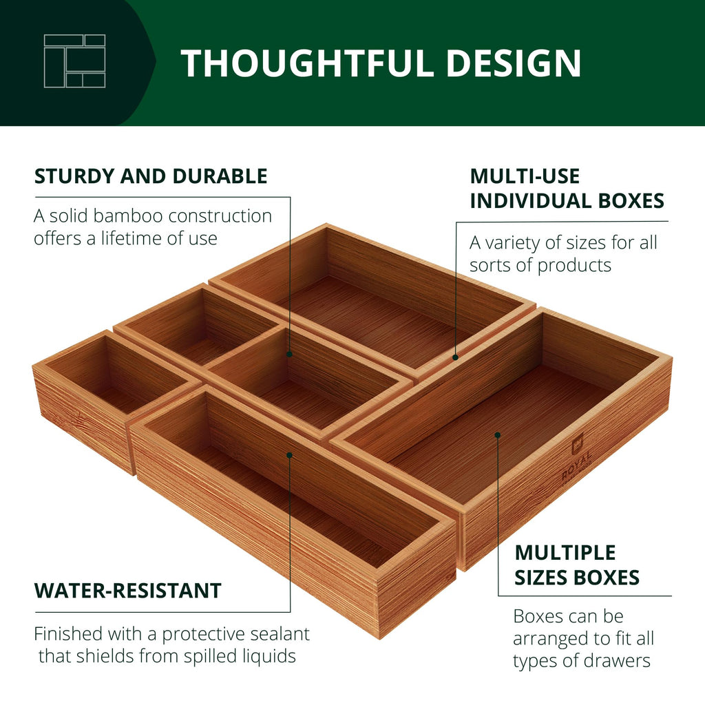 ROYAL CRAFT WOOD 5-Piece Bamboo Drawer Organizer Set – Multi-Use Storage Trays for Kitchen, Bathroom, Office, Makeup, Jewelry & More – Junk Drawer Tray, Utensil Holder, Storage Box & Bin Set (5 Boxes)