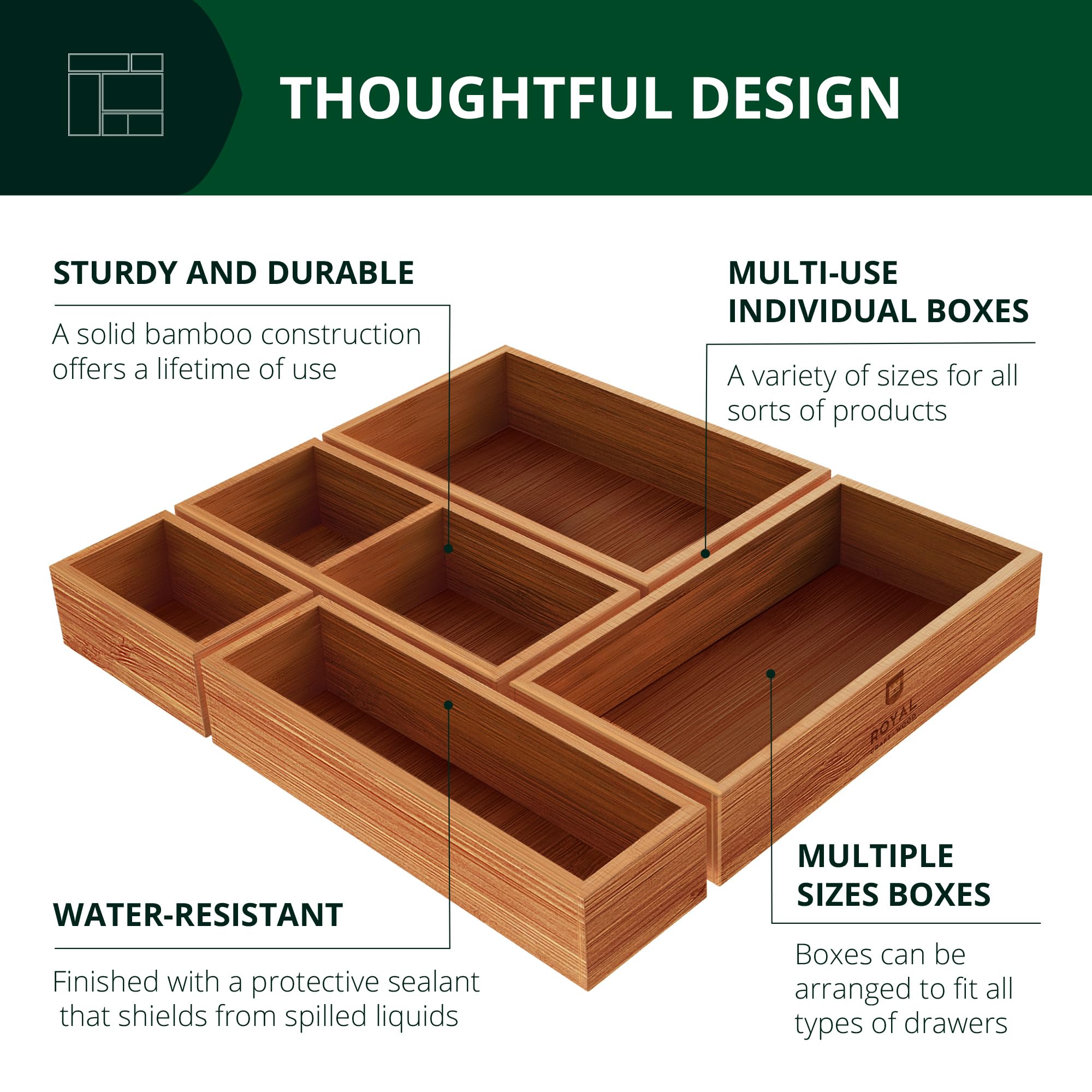 ROYAL CRAFT WOOD 5-Piece Bamboo Drawer Organizer Set – Multi-Use Storage Trays for Kitchen, Bathroom, Office, Makeup, Jewelry & More – Junk Drawer Tray, Utensil Holder, Storage Box & Bin Set (5 Boxes)
