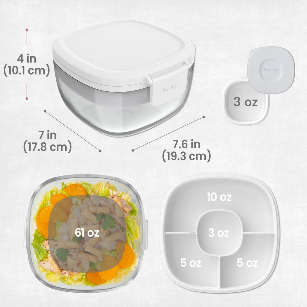Bentgo Glass Salad Container - 7.6-Cup Salad Bowl with Airtight Lid, Leak-Proof Sauce Container, 4-Compartment Bento Tray & Reusable Fork - BPA-Free for Meal Prep, Office & More (Lavender)