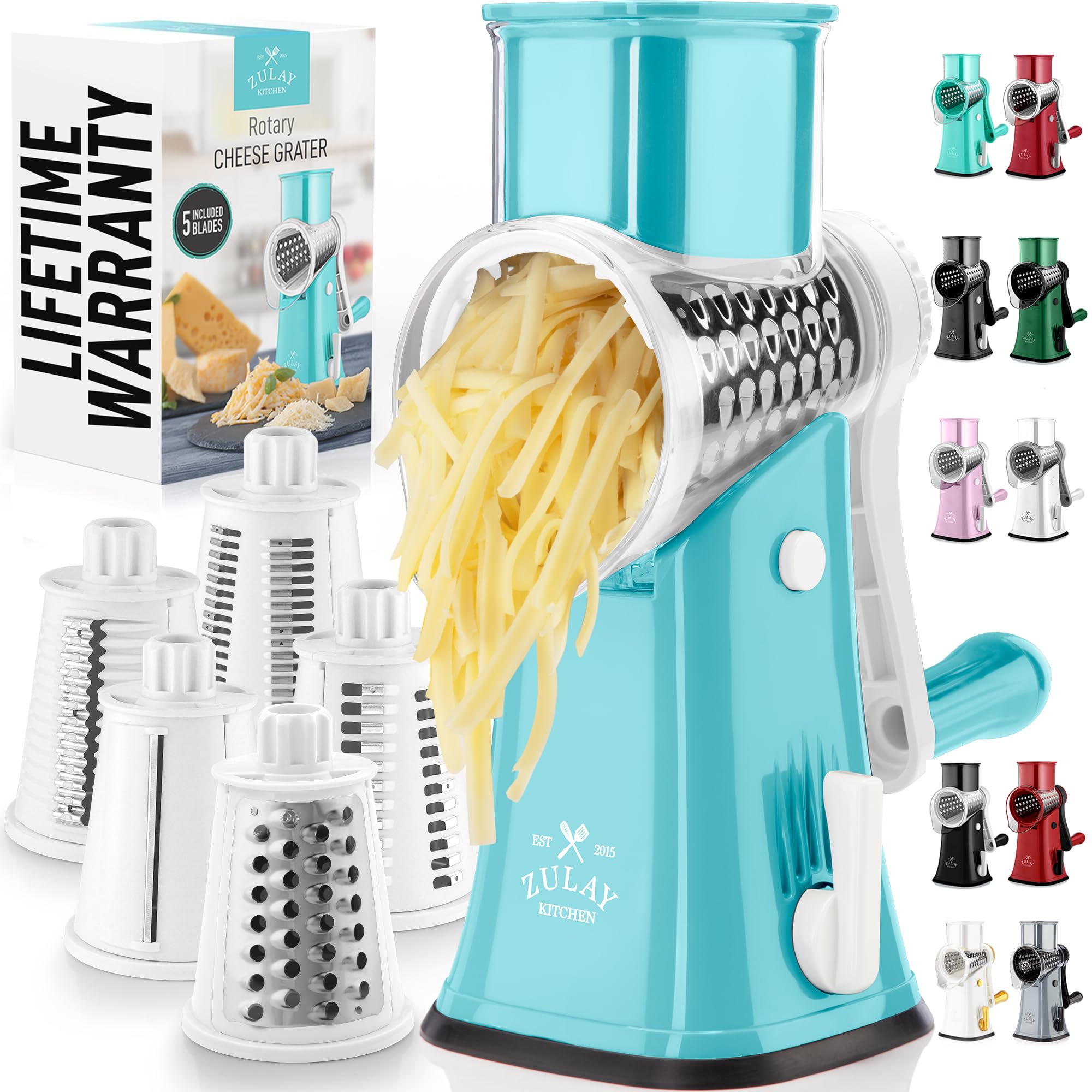 Zulay Kitchen Rotary Cheese Grater 5 Blade Cheese Shredder - Manual Hand Crank Cheese Grater With Reinforced Suction & 5 Interchangeable Drums - Easy to Use, Vegetable Chopper Round Mandoline Slicer