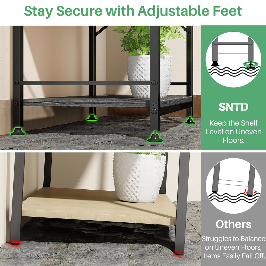 SNTD Bakers Rack with Power Outlet, Kitchen Shelves Microwave Stand with Wire Grid and 10 Hooks, 4 Tiers Coffee Stand (Rustic Brown, 23.5 x 15.6 x 52.8 Inches)