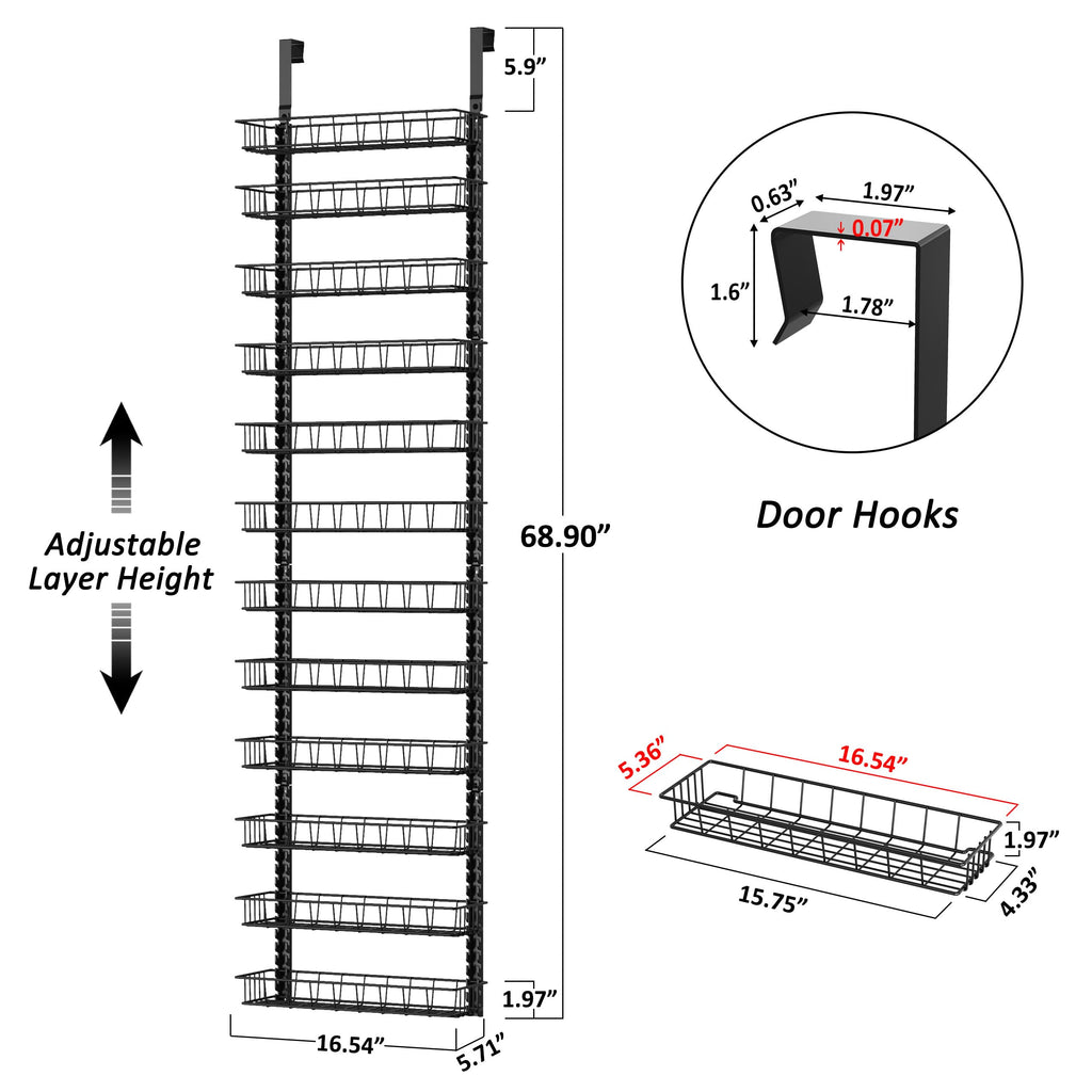 Churboro Over the Door Pantry Organizer Rack with 9 Adjustable Baskets, 9 Tiers Dual-use Hanging or Wall Mount Spice Rack Organizer, Black