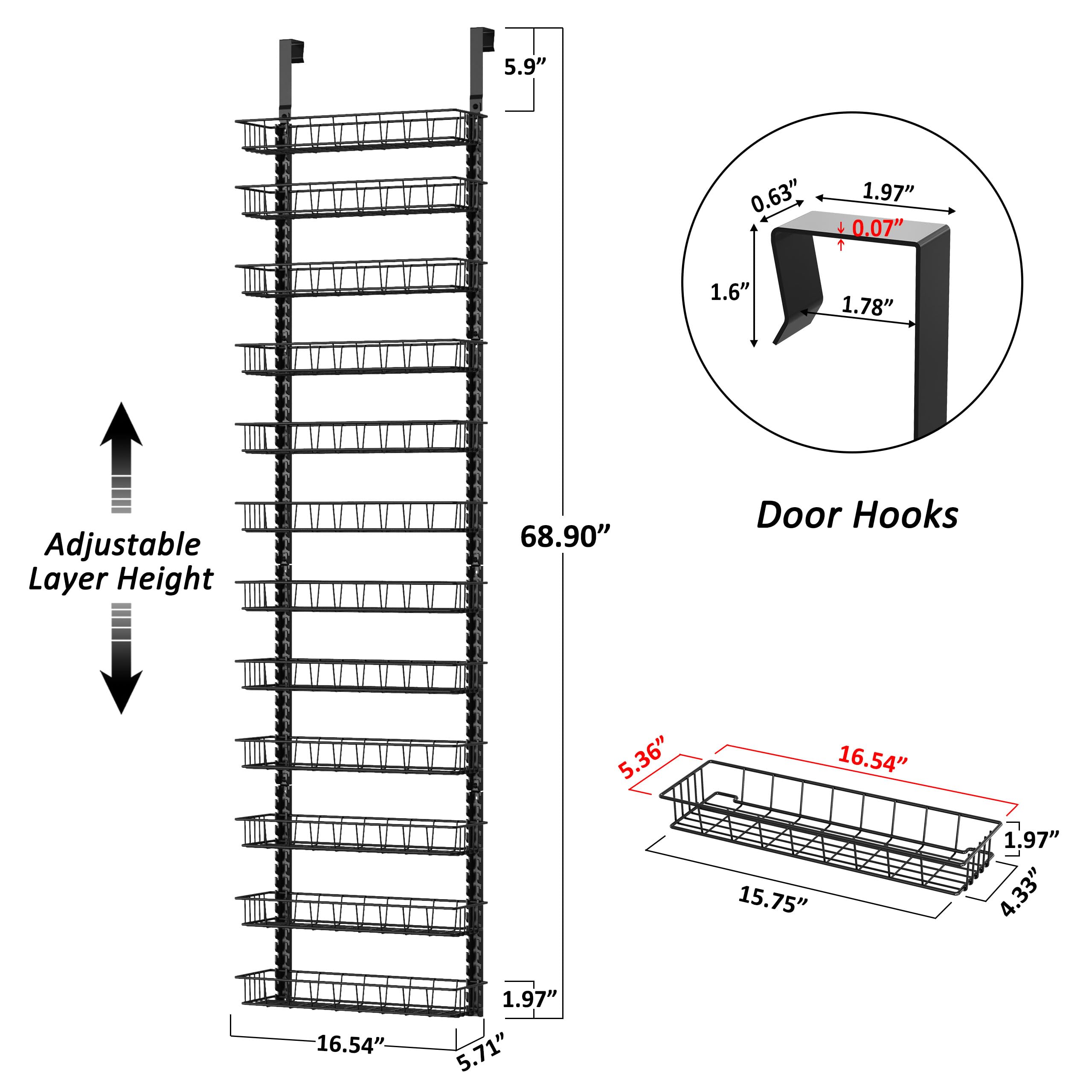 Churboro Over the Door Pantry Organizer Rack with 9 Adjustable Baskets, 9 Tiers Dual-use Hanging or Wall Mount Spice Rack Organizer, Black