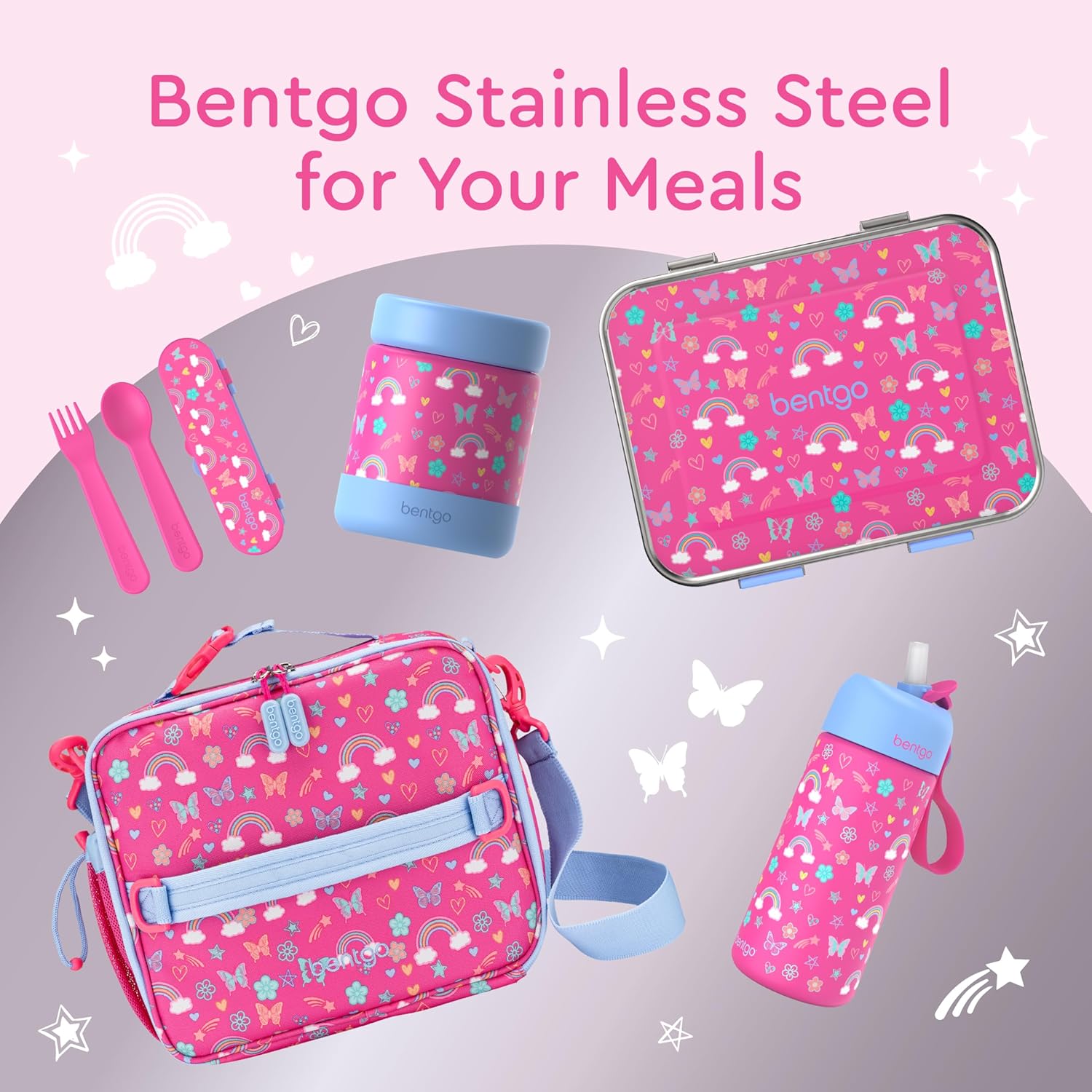 Bentgo 2-in-1 Backpack & Insulated Lunch Bag Set With Stainless Steel Water Bottle (Rainbows & Butterflies)