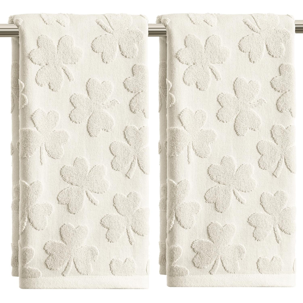 Artoid Mode 2 Pcs Dark Green 3D Shamrock Jacquard Patrick Hand Towels for Bathroom, 100% Cotton Soft Absorbent Bathroom Decor Towels, 13.7 x 29.5 Inch