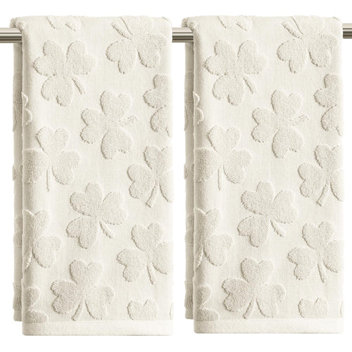 Artoid Mode 2 Pcs Dark Green 3D Shamrock Jacquard Patrick Hand Towels for Bathroom, 100% Cotton Soft Absorbent Bathroom Decor Towels, 13.7 x 29.5 Inch