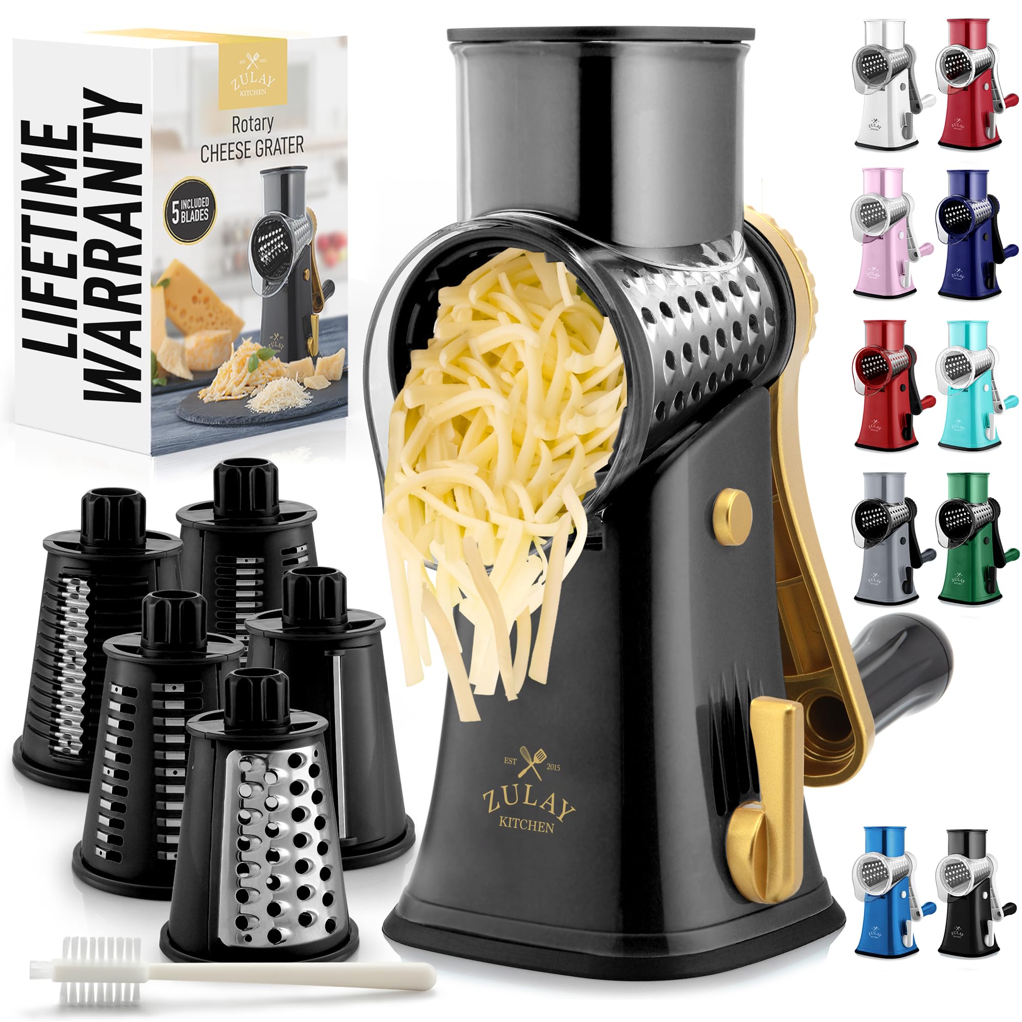 Zulay Kitchen Rotary Cheese Grater 5 Blade Cheese Shredder - Manual Hand Crank Cheese Grater With Reinforced Suction & 5 Interchangeable Drums - Easy to Use, Vegetable Chopper Round Mandoline Slicer
