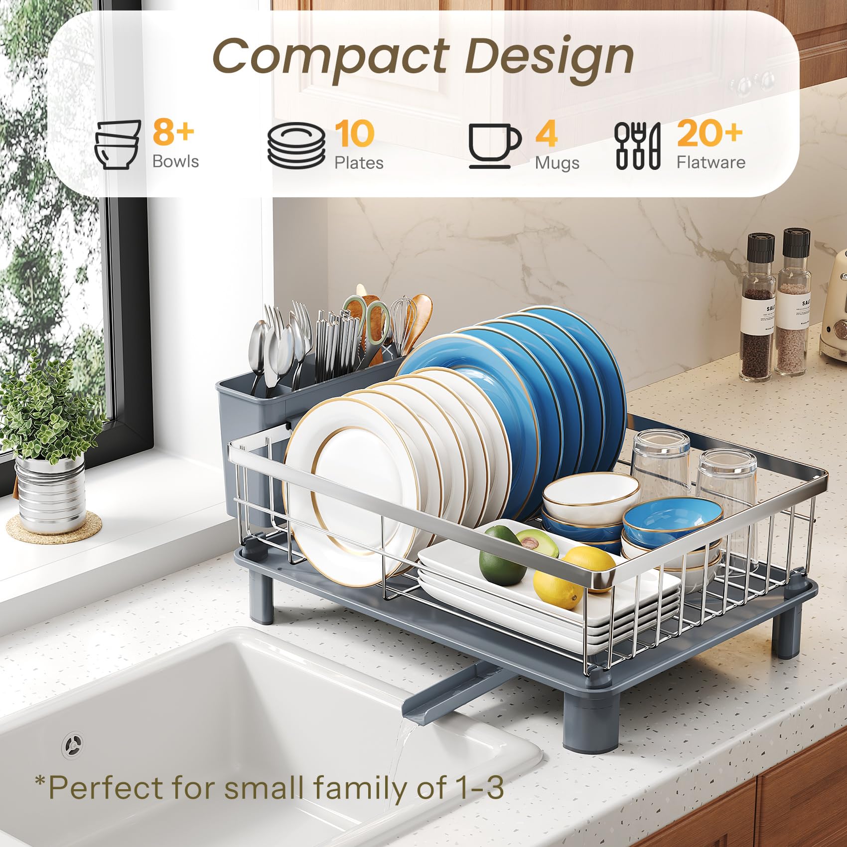 SNTD Dish Drying Rack - Small Dish Rack for Kitchen Counter, Stainless Steel Dish Drainer with Utensil Holder and Drainboard, 11" W x 15" L (Black)