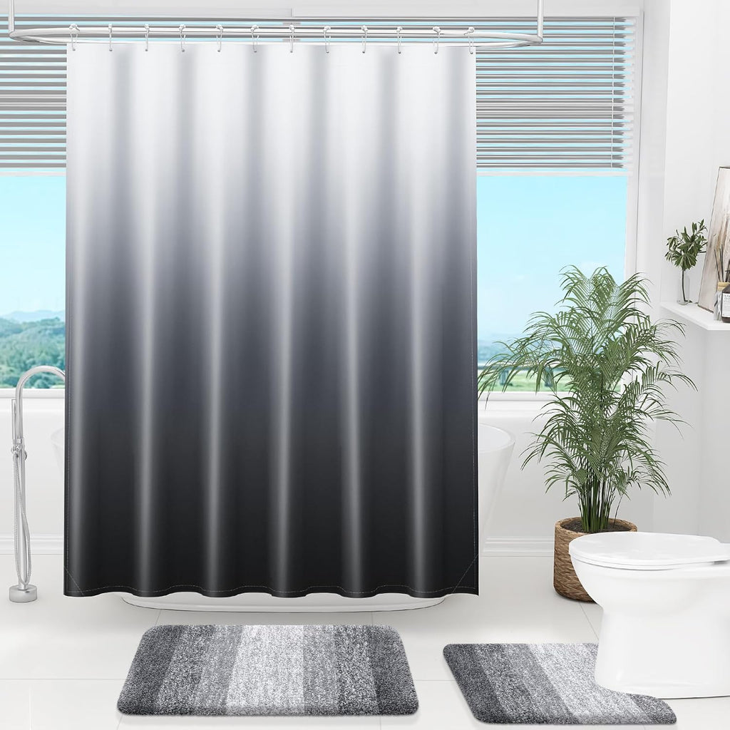 OLANLY Luxury Black and Grey Ombre Shower Curtain Sets with 12 Hooks, Waterproof and Washable Decorative Shower Curtains for Bathroom, 72x72 Inches