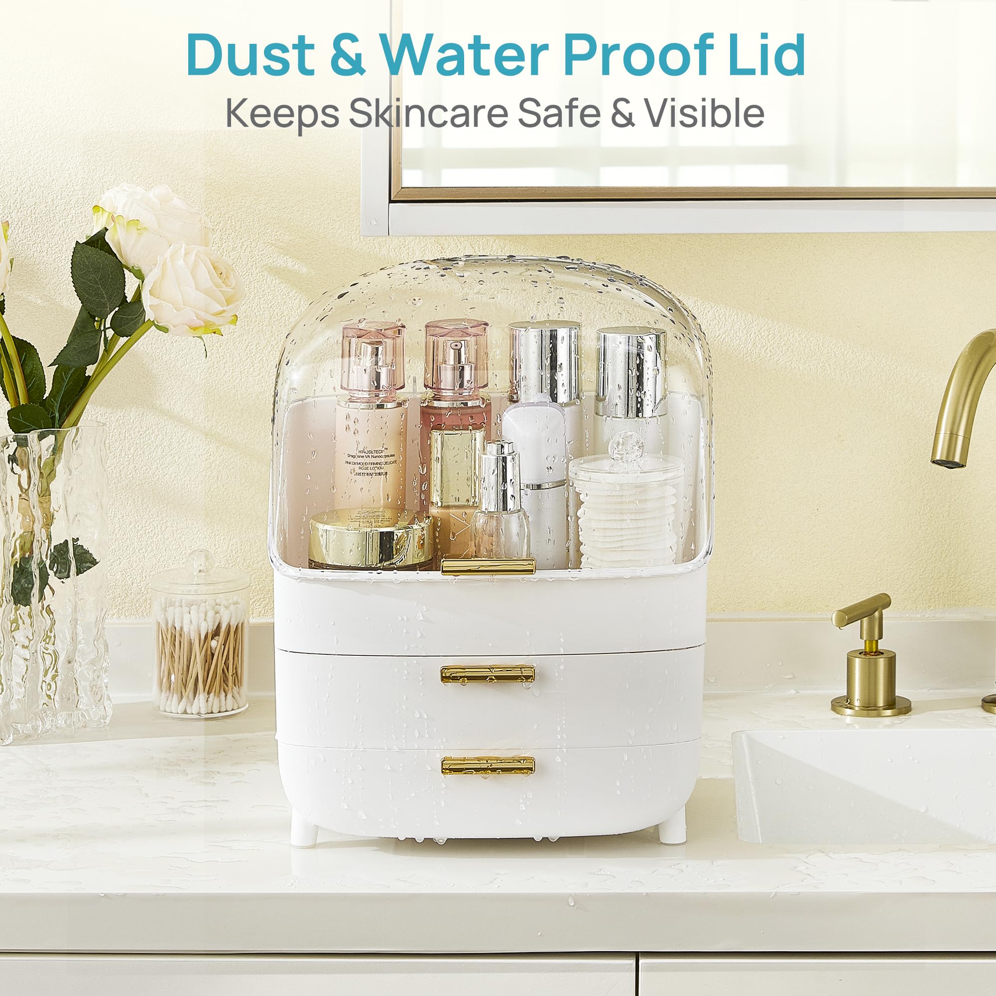 Vtopmart 3-Tier Skincare Makeup Organizer with Drawers for Vanity and Bathroom Countertop, Large Cosmetic Storage Box Case for Dresser, with Non-Slip Base