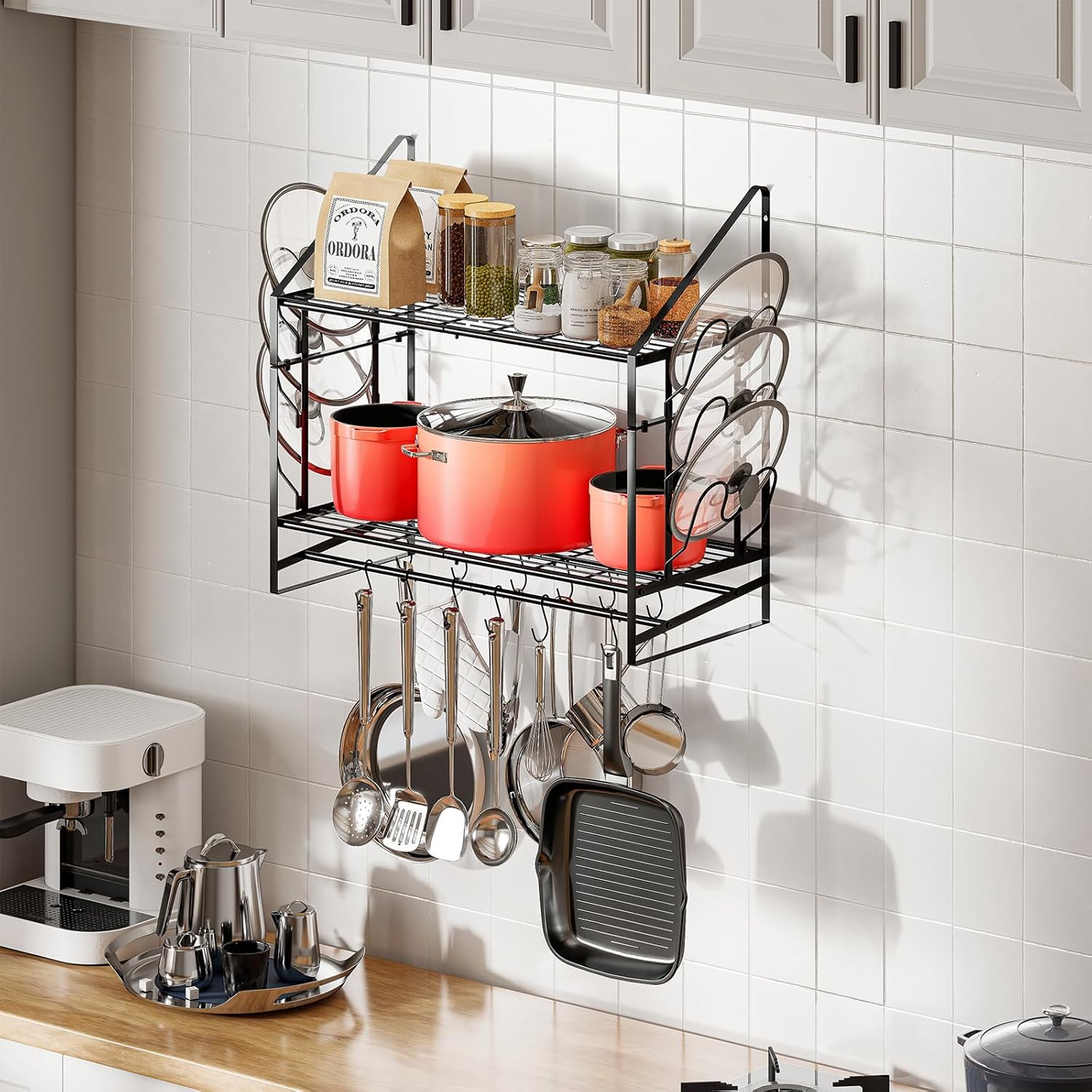 28-Inch Pot Rack Wall Mounted, 2-Tier Pots and Pans Hanger with 12 Hooks, Pot and Pan Hanging Rack for Wall, 6 Pot Lid Holders, Heavy-Duty Pot Hanger for Kitchen Cookware and Utensils, Black