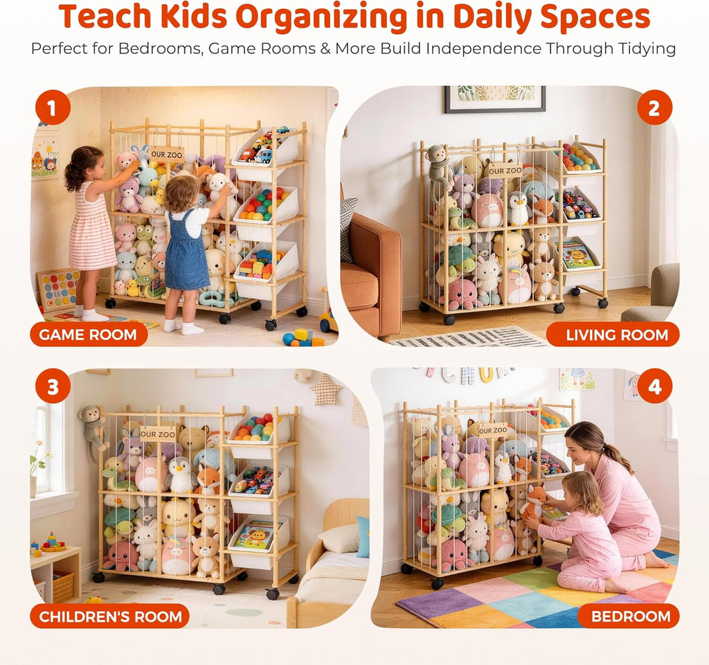 Stuffed Animal Storage with 3 Removable Bins, Wood Animals Zoo Stuffed Animal Holder with Sticker, Large Capacity Toy Storage Organizer for Toddler Rooms, Playrooms & Bedrooms Organization