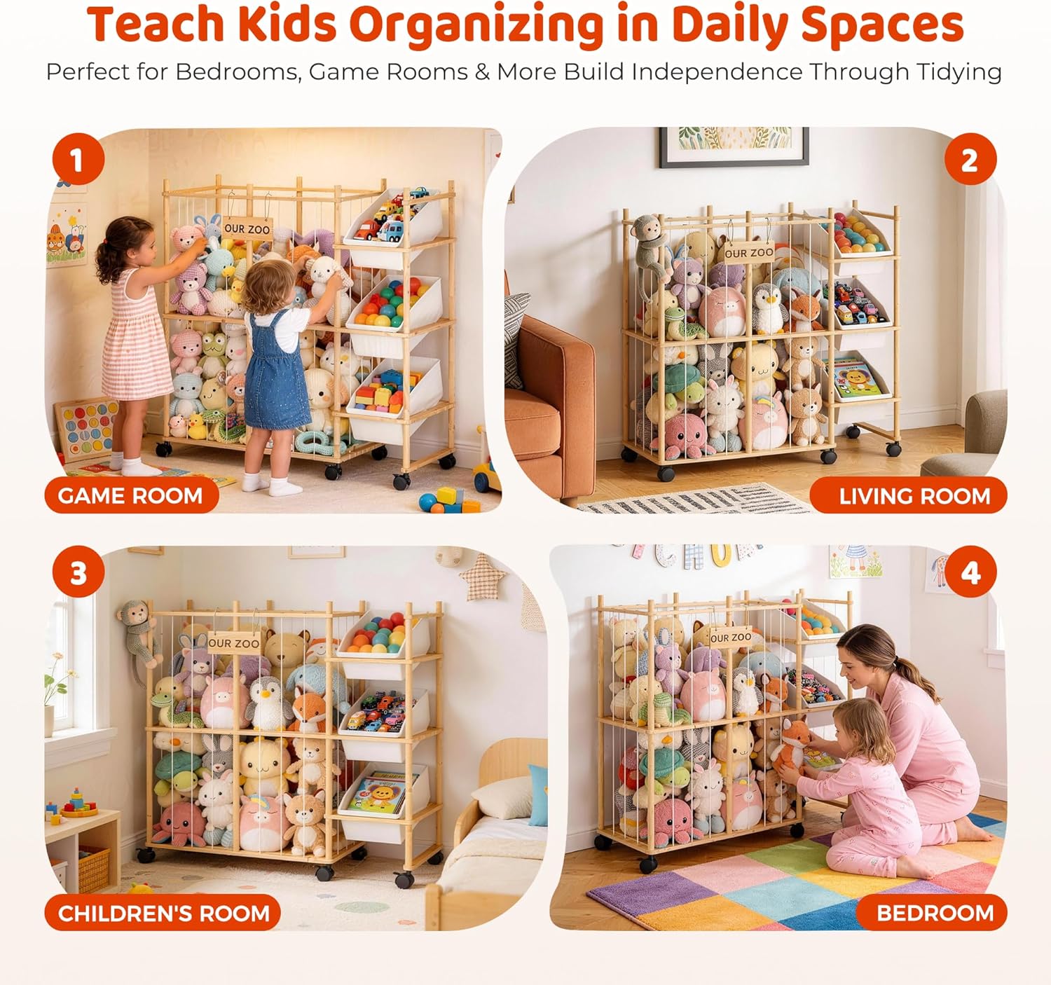 Stuffed Animal Storage with 3 Removable Bins, Wood Animals Zoo Stuffed Animal Holder with Sticker, Large Capacity Toy Storage Organizer for Toddler Rooms, Playrooms & Bedrooms Organization