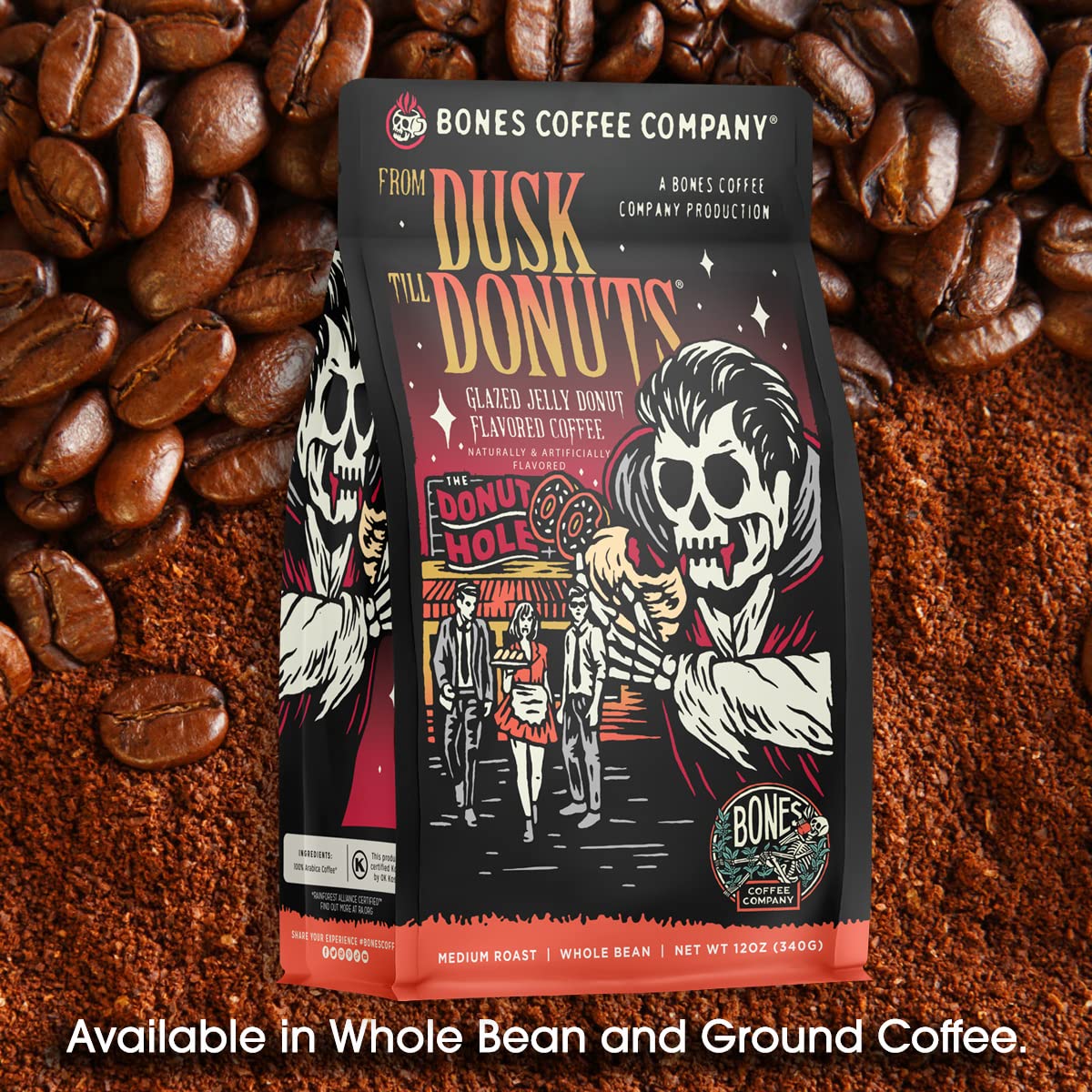 Bones Coffee Company Salty Siren, Sea Salted Caramel Chocolate Flavored Coffee, Medium Roast Low Acid Arabica Beans Compatible with Auto drip and French Press Coffee Maker, 12 Oz Whole Bean