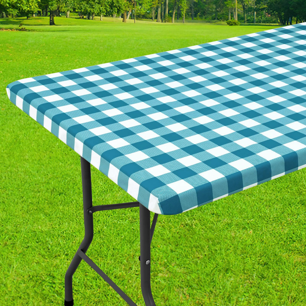 Smiry Rectangle Picnic Table Cloth, Elastic Waterproof Fitted Vinyl Tablecloths, Flannel Backed Buffalo Plaid Table Covers for Dining, Camping, Outdoor (Black and White, 30" x 72")