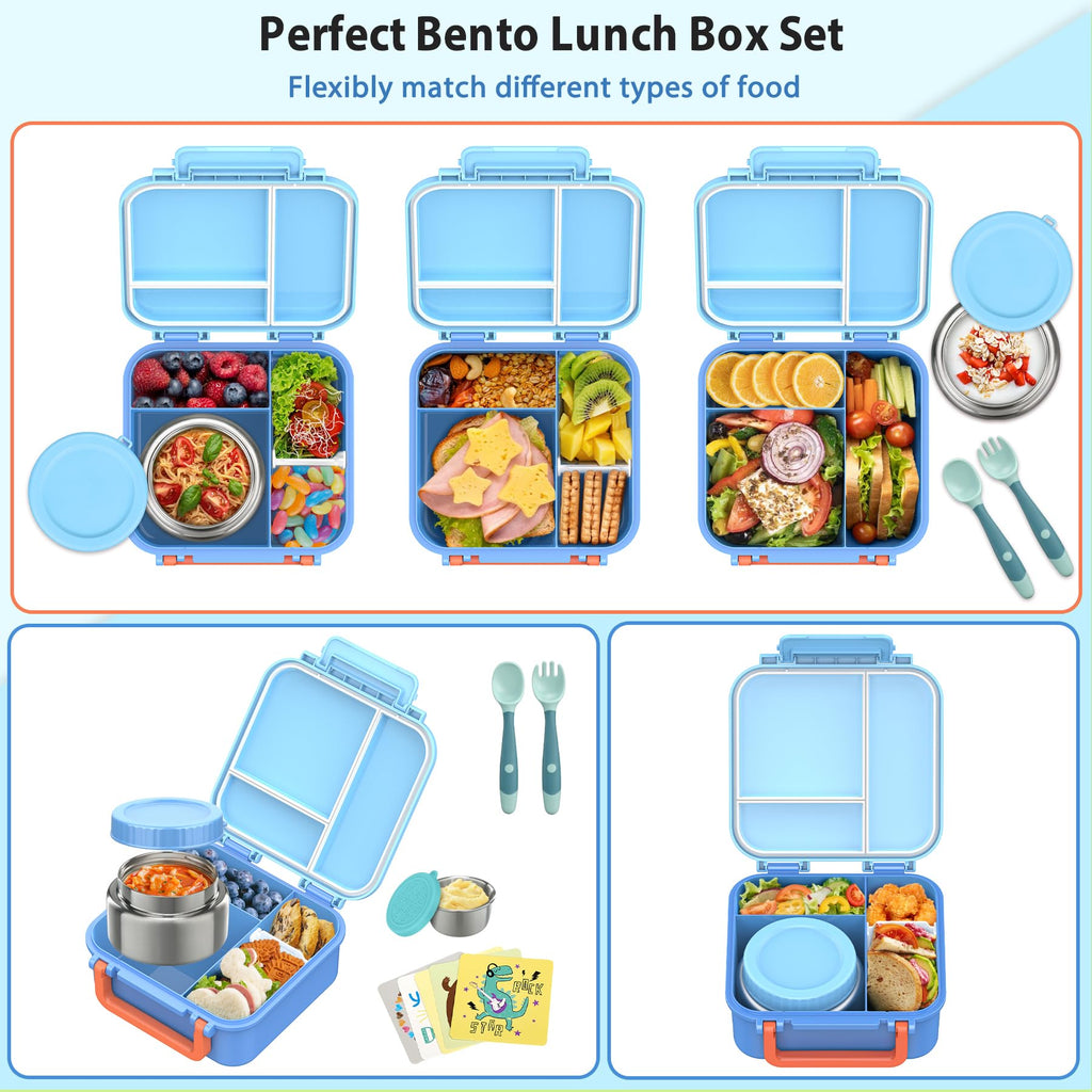 Kids Bento Lunch Box with 9oz Soup Thermo Leakproof Lunch Food Containers 4 Compartment with Insulated Hot Food Jar for Kid Toddler Girls Boys to School Trvael