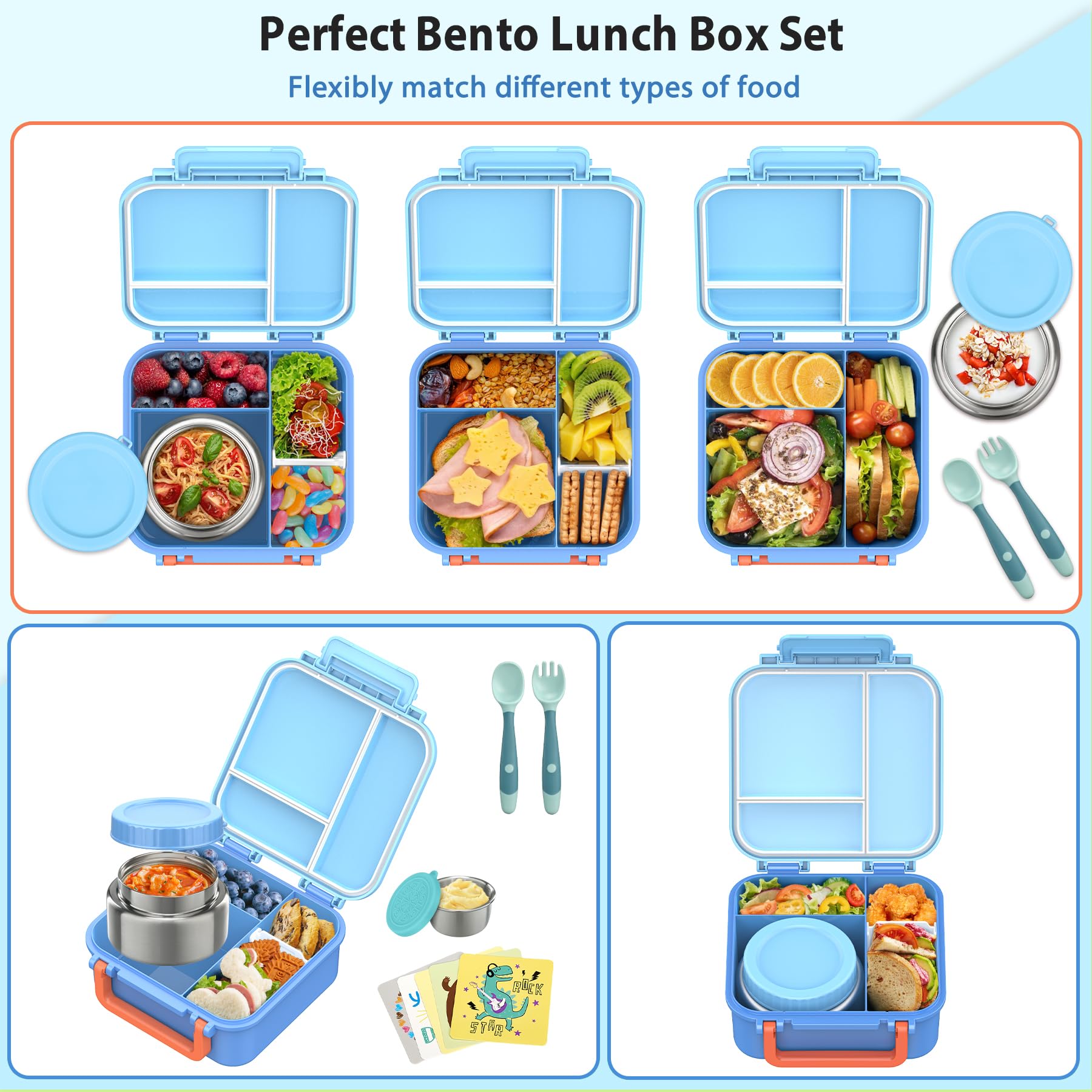 Kids Bento Lunch Box with 9oz Soup Thermo Leakproof Lunch Food Containers 4 Compartment with Insulated Hot Food Jar for Kid Toddler Girls Boys to School Trvael