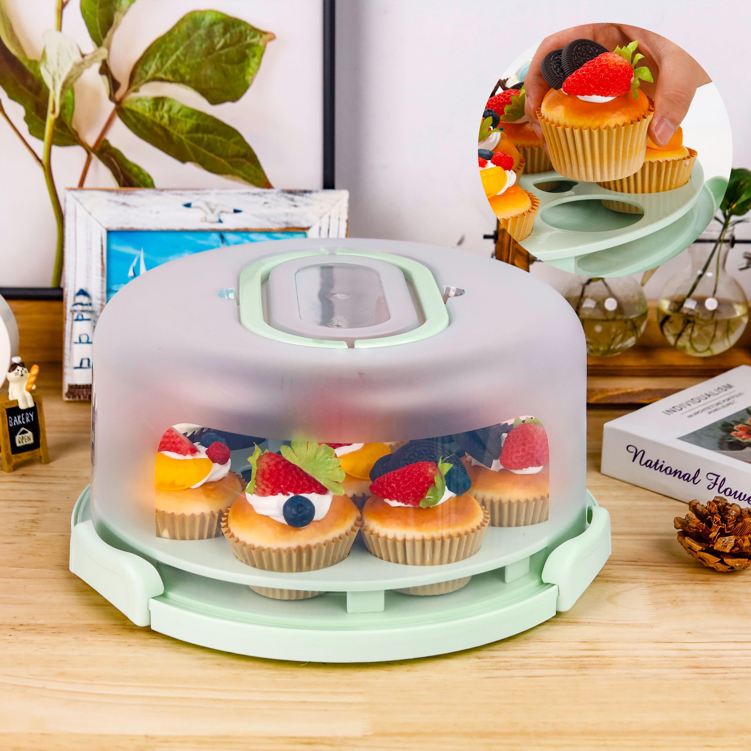 Green Cake Containers with Lids Round Plastic Cupcake Holders 4-in-1 Multipurpose Cake Carrier Holder for 11 Inch Cake Pies Cupcake Eggs Fruit or Snack Transport
