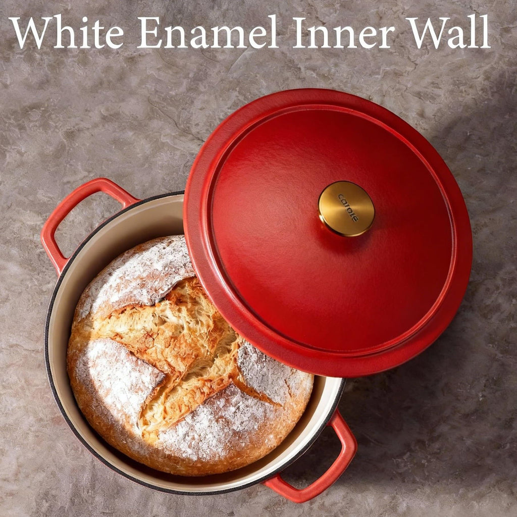 CAROTE 5QT Enameled Cast Iron Dutch Oven Pot with Lid, Heavy-Duty Dutch Oven for Sourdough Bread Baking, Braising, Stews, Roasting, Healthy & Non-Toxic, Dual Handles, All Stovetop Compatible, Oven Safe up to 500° F, Cream White