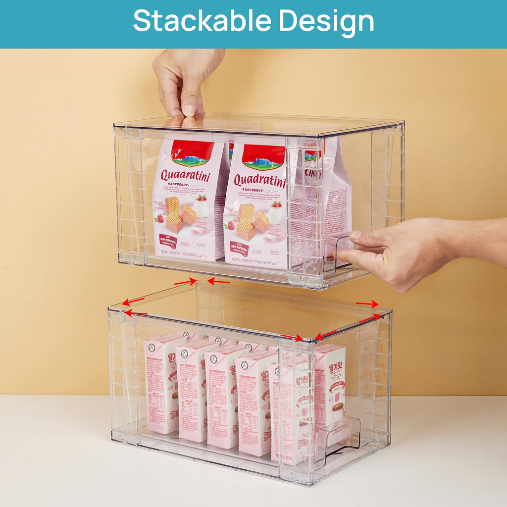 Vtopmart 4 Pack Stackable Storage Drawers,Clear Acrylic Drawer Organizers with Handles, Easily Assemble for Fridge, Bathroom,Kitchen Undersink,Cabinet,Pantry Organization and Storage