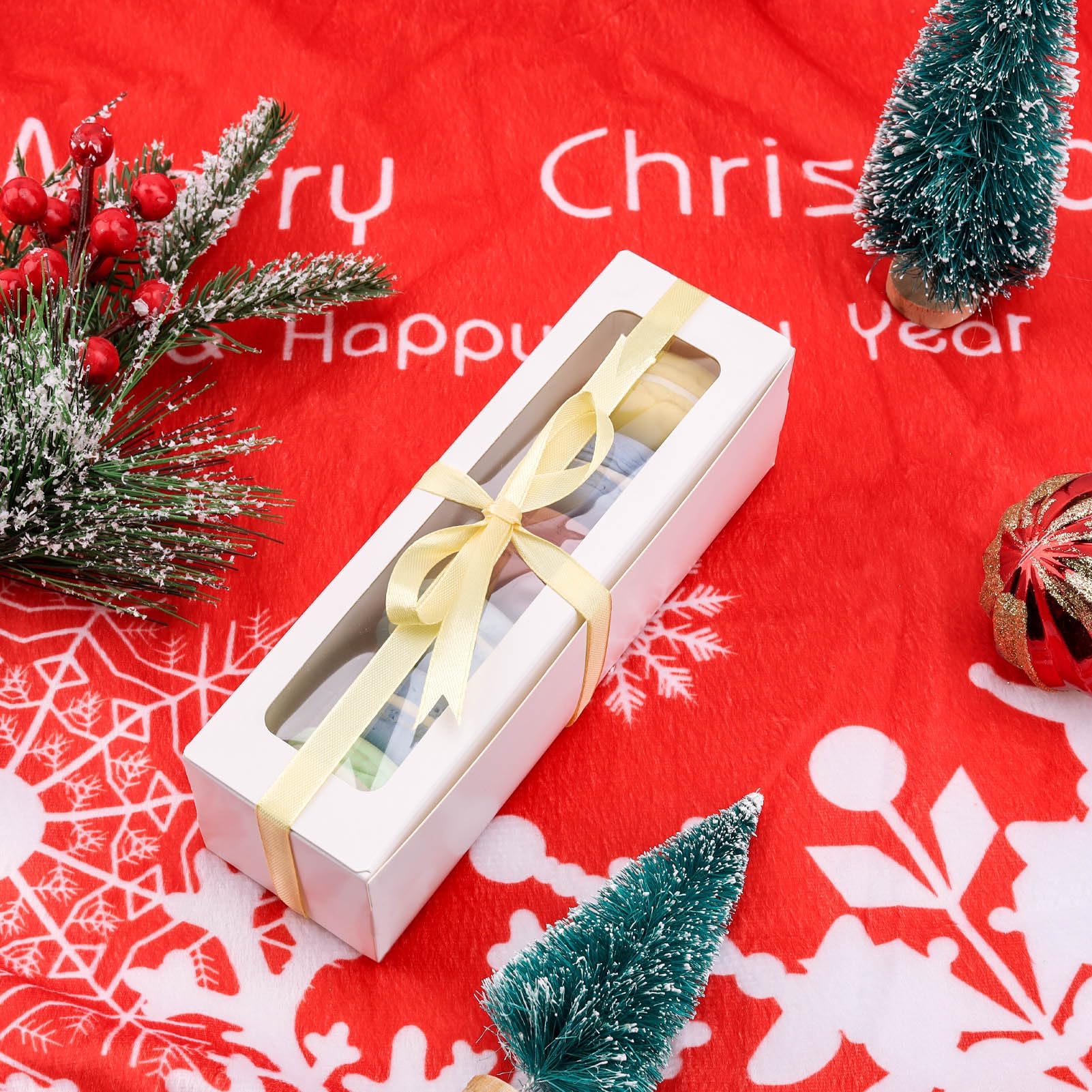 25 Pack Macaron Boxes for 5-7 Macarons Cookie Candy Strawberry Boxes Macaron Container Packaging Boxes with Ribbon for Gift Giving(White)
