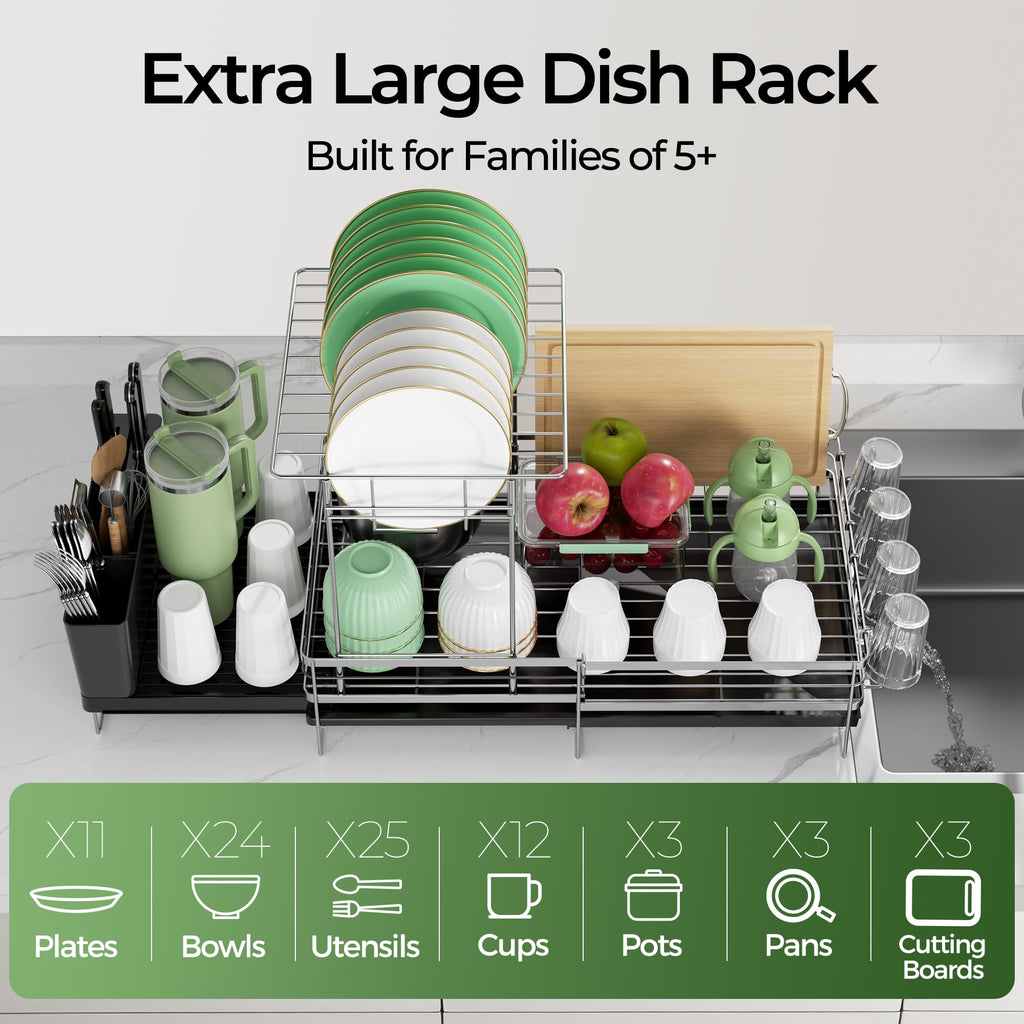 Large Dish Drying Rack, Expandable Dish Rack, Stainless Steel Anti-Rust Dish Racks for Kitchen Counter, Multifunctional Dish Drainer with Utensil Holder & Cup Holder, 13.4"-28.7" L x 11.8" W