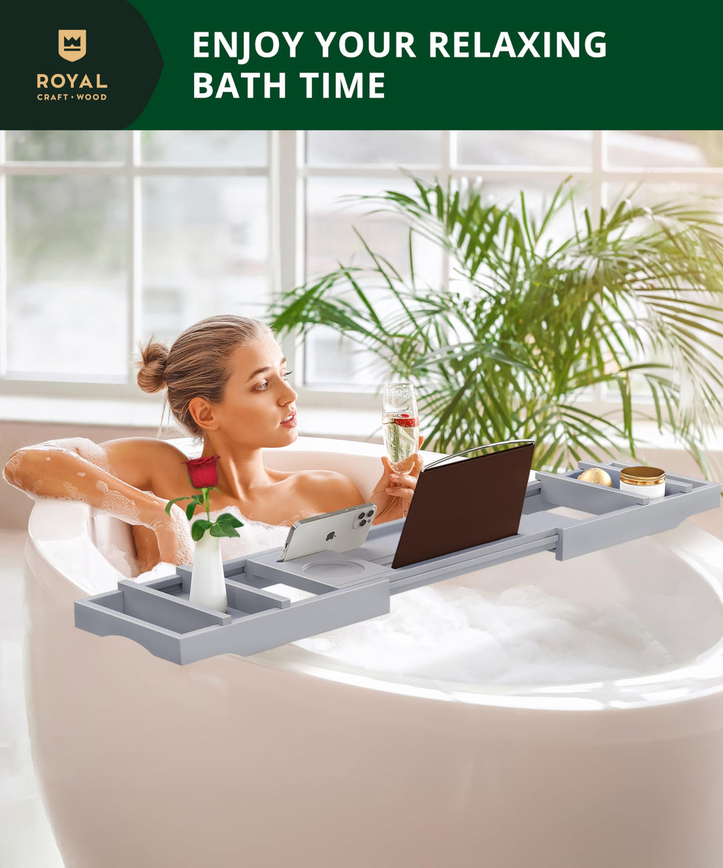 ROYAL CRAFT WOOD Premium Foldable Bathtub Tray Caddy - Wood Bath Tray for Tub, Bamboo Shelf, Expandable Bath Table Trays, Bathtub & Bathroom Accessories for New Home & Mothers, Birthday Gifts for Mom
