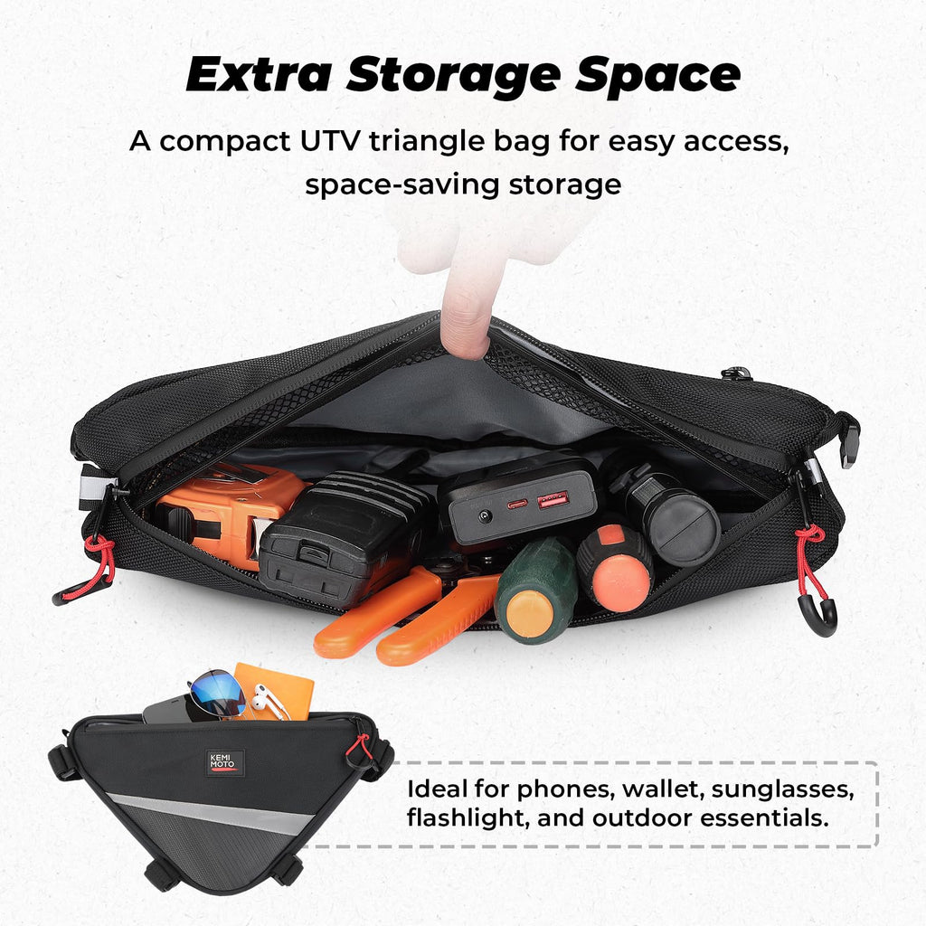 KEMIMOTO UTV Roll Bar Triangle Storage Bag, 2 Packs Water Resistant Universal Roof/Door/Side Armrest Bag Compatible with Most UTV, Road and Mountain Bikes