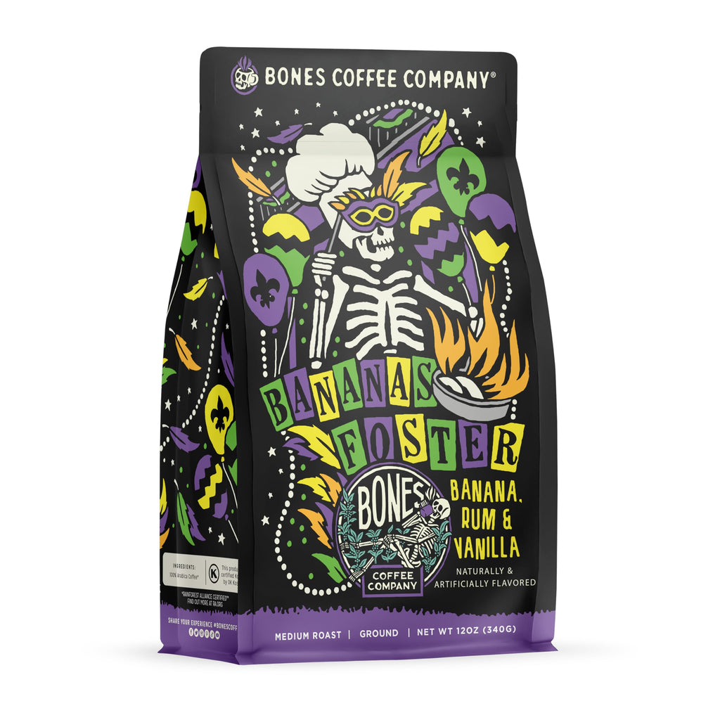 Bones Coffee Company Cinnamon Roll Flavored Coffee, Medium Roast Low Acid Arabica Beans Compatible with Auto drip and French Press Coffee Maker, 12 Oz Ground