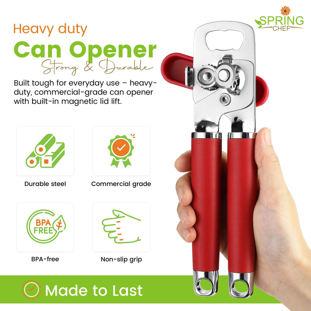 Spring Chef Stainless Steel Can Opener - Manual with Soft Grip Handles, Easy Turn, Heavy Duty Hand Can Openers for Seniors with Smooth Edge - Magnetic Lid Remover - Black