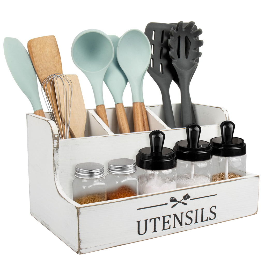 RedCall Extra Large Kitchen Utensils Holder 4 Compartments,Wood Utensil Organizer for Kitchen Countertop,Farmhouse Cooking Utensil Holder with Spice Storage space (Black)