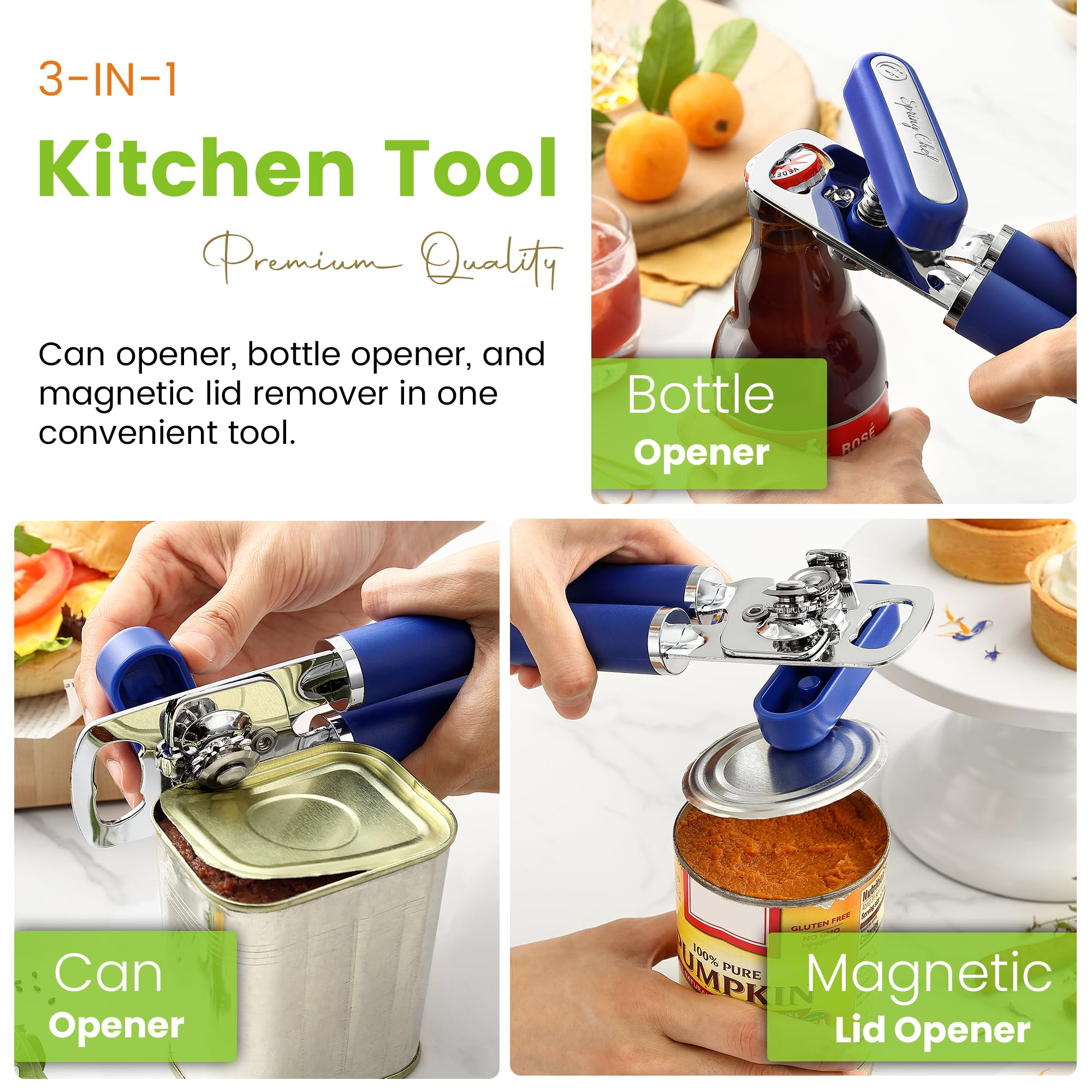 Spring Chef Stainless Steel Can Opener - Manual with Soft Grip Handles, Easy Turn, Heavy Duty Hand Can Openers for Seniors with Smooth Edge - Magnetic Lid Remover - Black