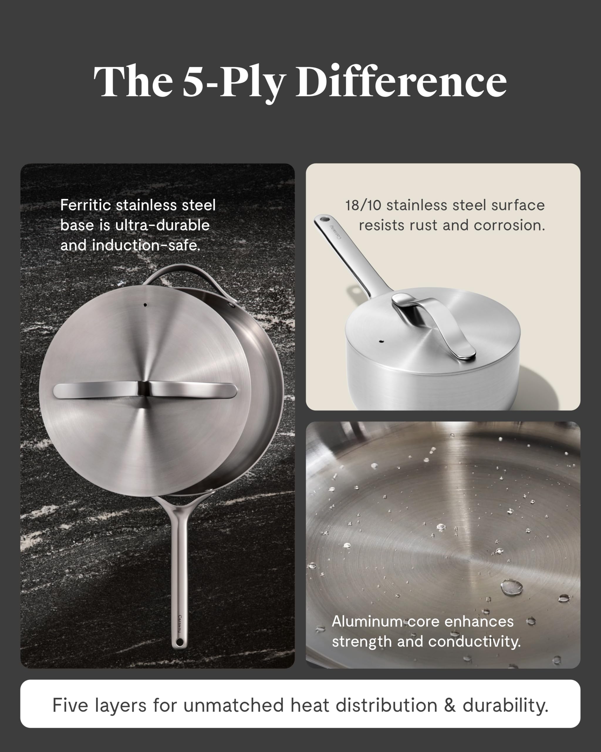 Caraway Stainless Steel Sauce Pan (3 Qt) - 5-Ply Stainless Steel - Oven Safe & Stovetop Agnostic - Non Toxic, PTFE & PFOA Free