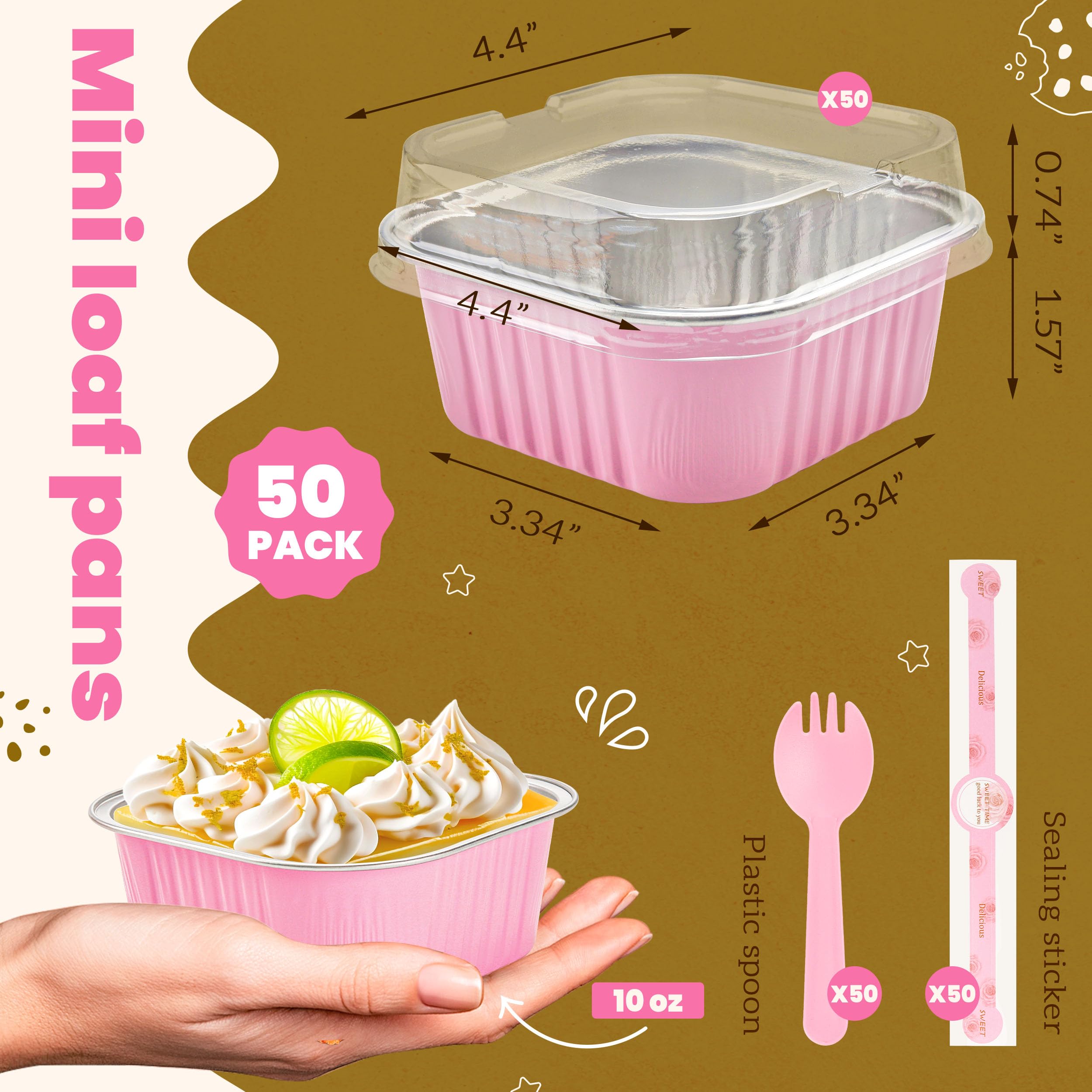 50 Pcs Mini Cake Pans with Lids and Spoons Aluminum Foil Mini Square Baking Cups with Lids Disposable Ramekins Cake Pans Dessert Cups for Wedding Birthday Party(Pink,5oz)
