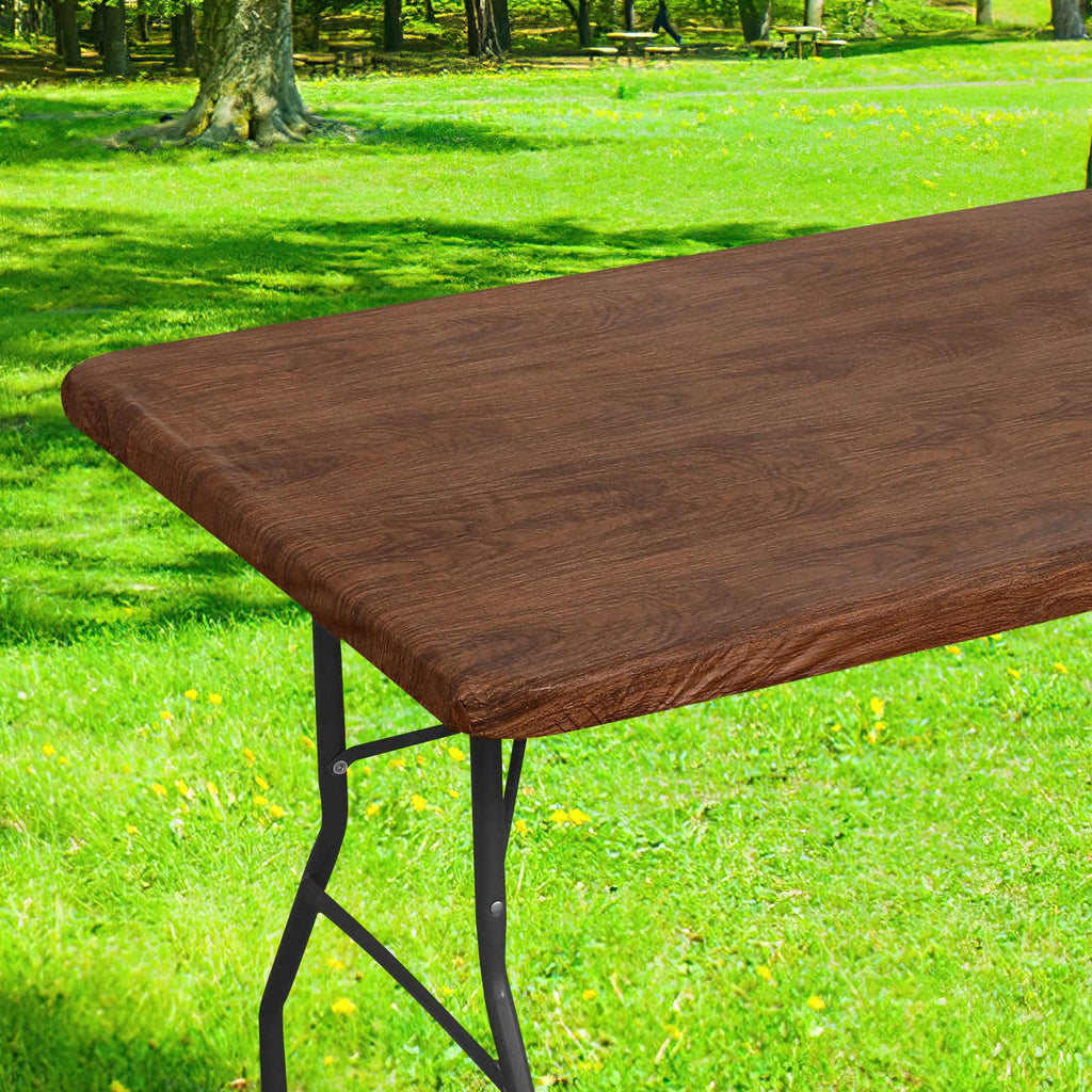 Smiry Rectangle Table Cloth Cover, Waterproof Elastic Fitted Picnic Tablecloth for 6 Foot Tables, Wipeable Flannel Backed Vinyl Tablecloths for Camping, Dining, Outdoor (Beige Wood, 30" x 72")