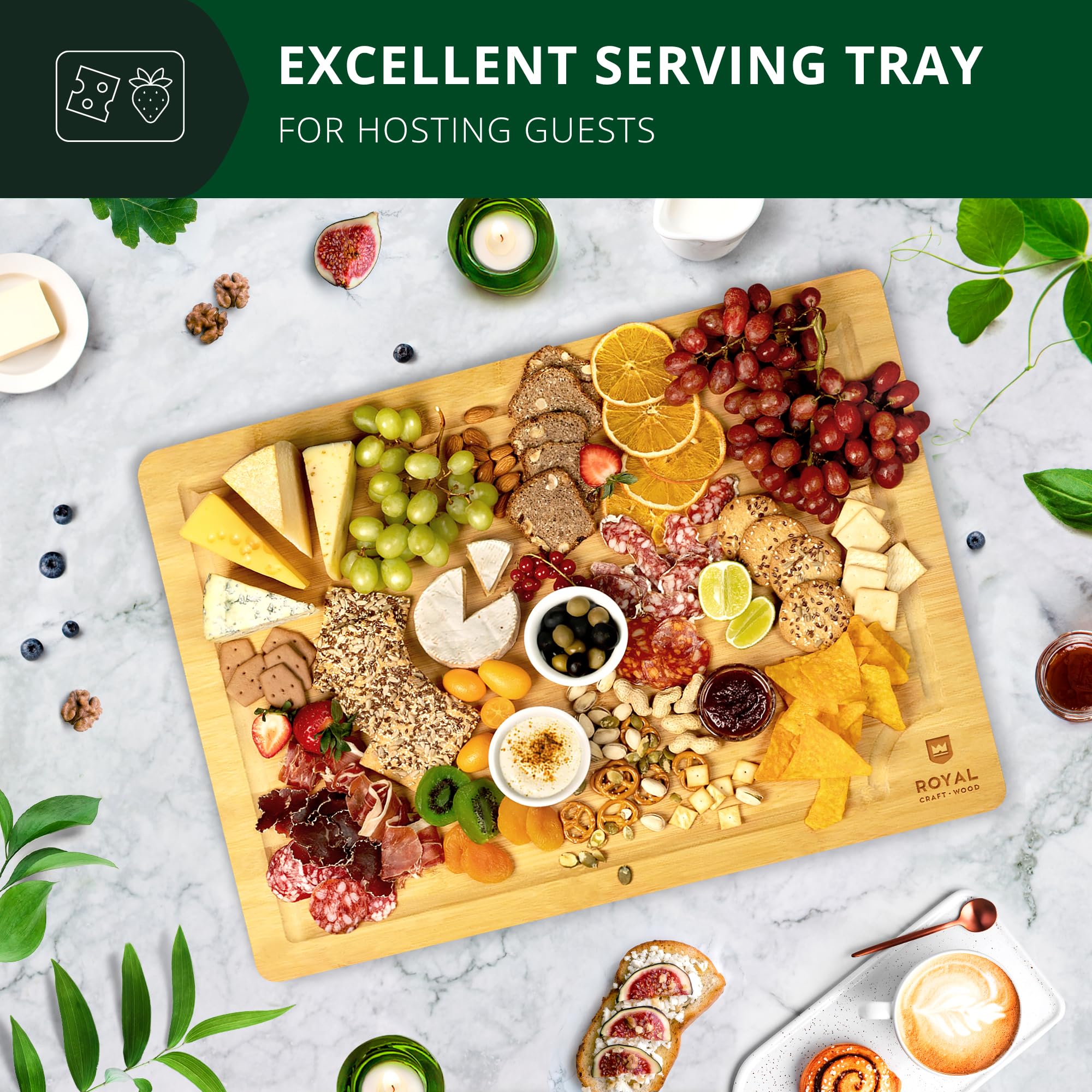 ROYAL CRAFT WOOD Organic Bamboo Cutting Board with Juice Groove - Kitchen Chopping Board for Meat (Butcher Block) Cheese and Vegetables