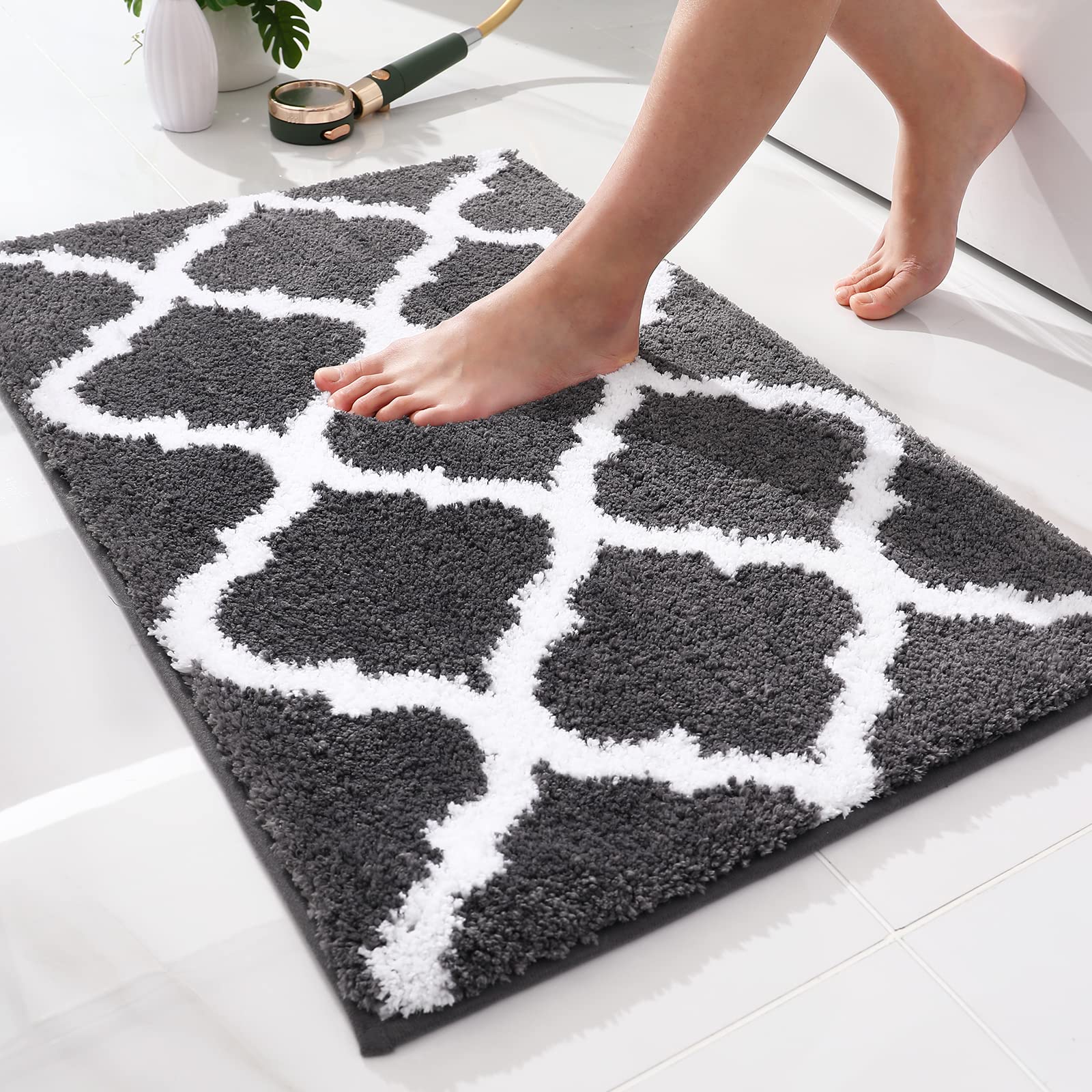 OLANLY Bathroom Rugs 24x16, Soft and Absorbent Microfiber Bath Rugs, Non-Slip Shaggy Shower Carpet, Machine Wash Dry, Bath Mats for Bathroom Floor, Tub and Shower, Grey