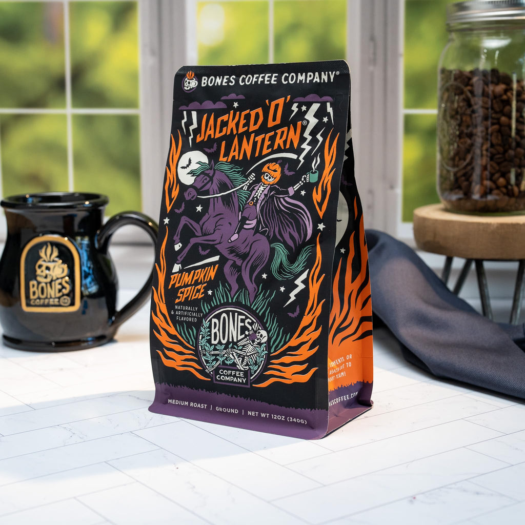 Bones Coffee Company Salted Caramel Flavored Coffee, Medium Roast Low Acid Arabica Beans Compatible with Auto drip and French Press Coffee Maker, 12 Oz Whole Bean