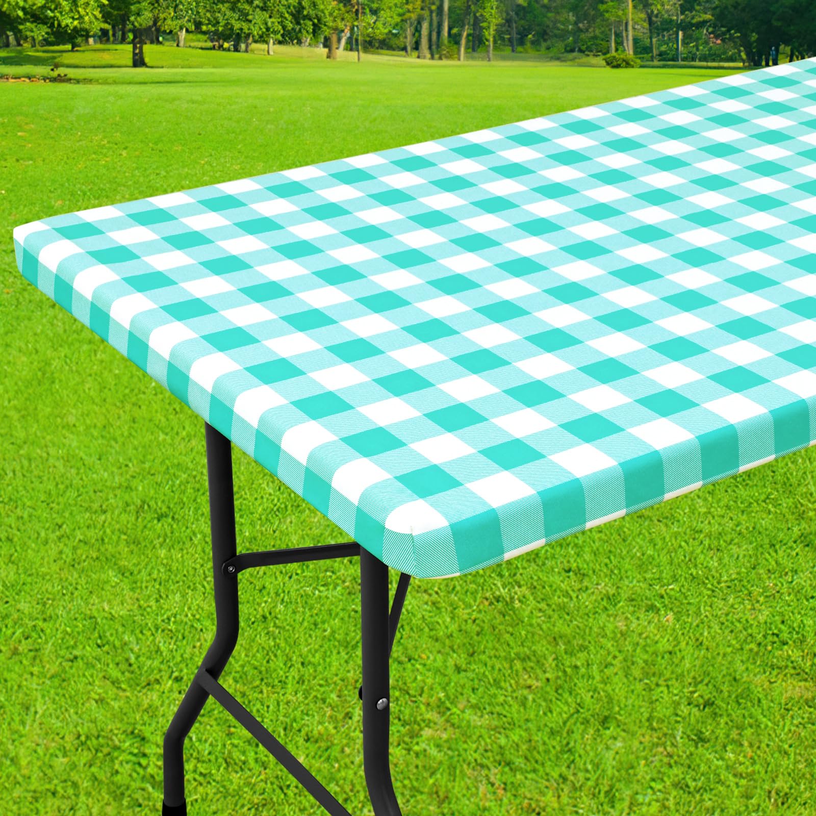 Smiry Rectangle Picnic Table Cloth, Elastic Waterproof Fitted Vinyl Tablecloths, Flannel Backed Buffalo Plaid Table Covers for Dining, Camping, Outdoor (Black and White, 30" x 72")