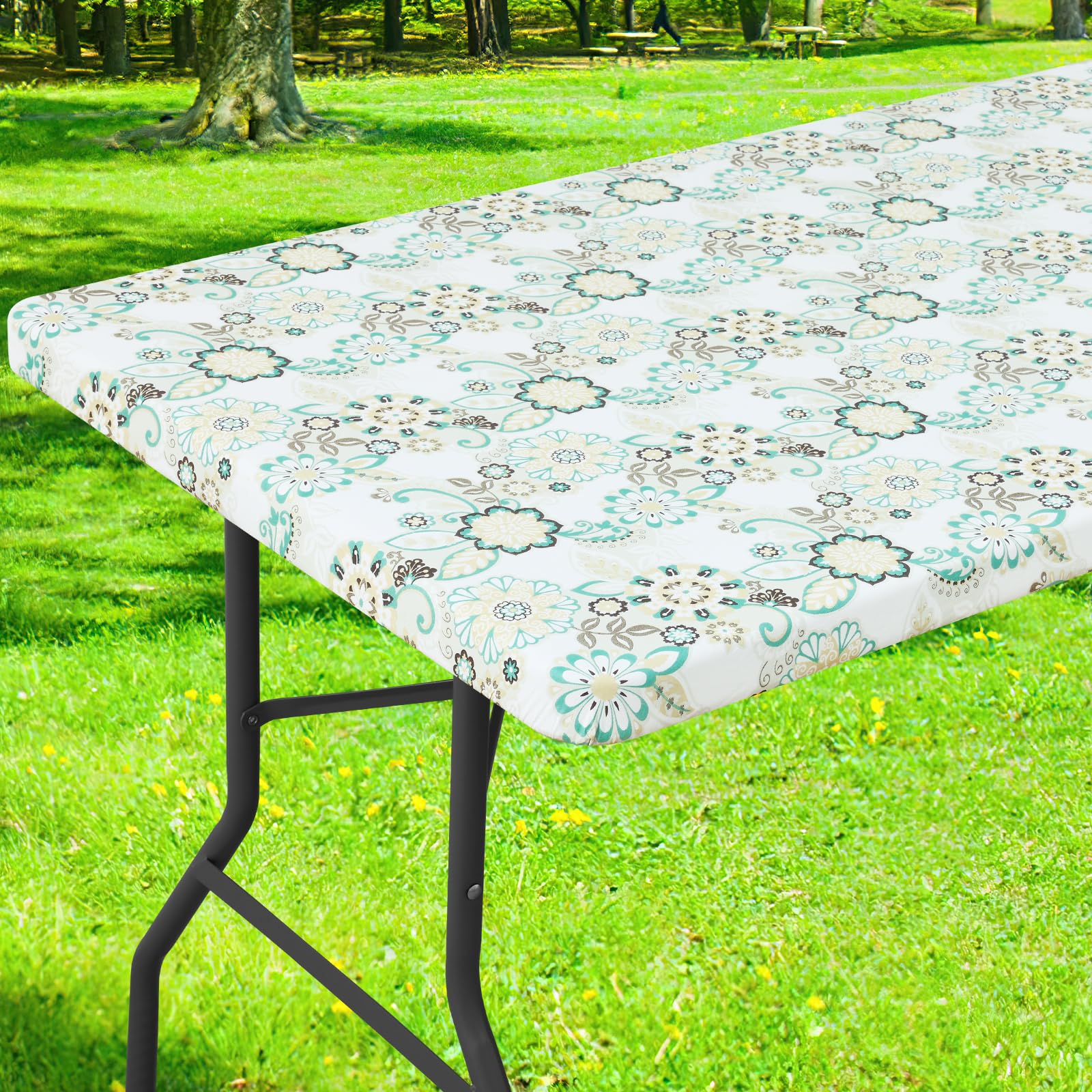 Smiry Rectangle Table Cloth Cover, Waterproof Elastic Fitted Picnic Tablecloth for 6 Foot Tables, Wipeable Flannel Backed Vinyl Tablecloths for Camping, Dining, Outdoor (Beige Wood, 30" x 72")
